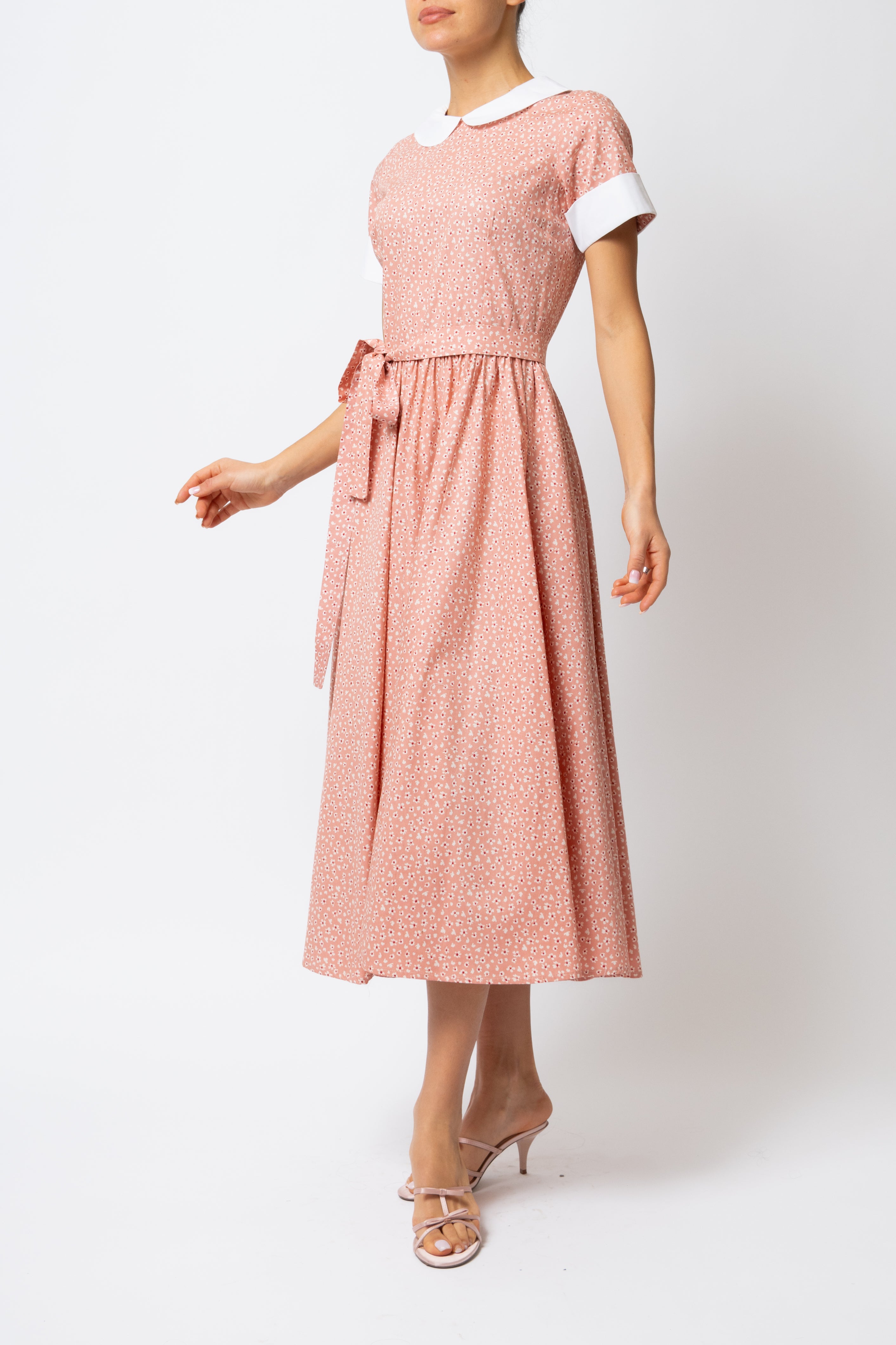 Rochie Midi cu Maneci Scurte, din Bumbac, Roz Prafuit