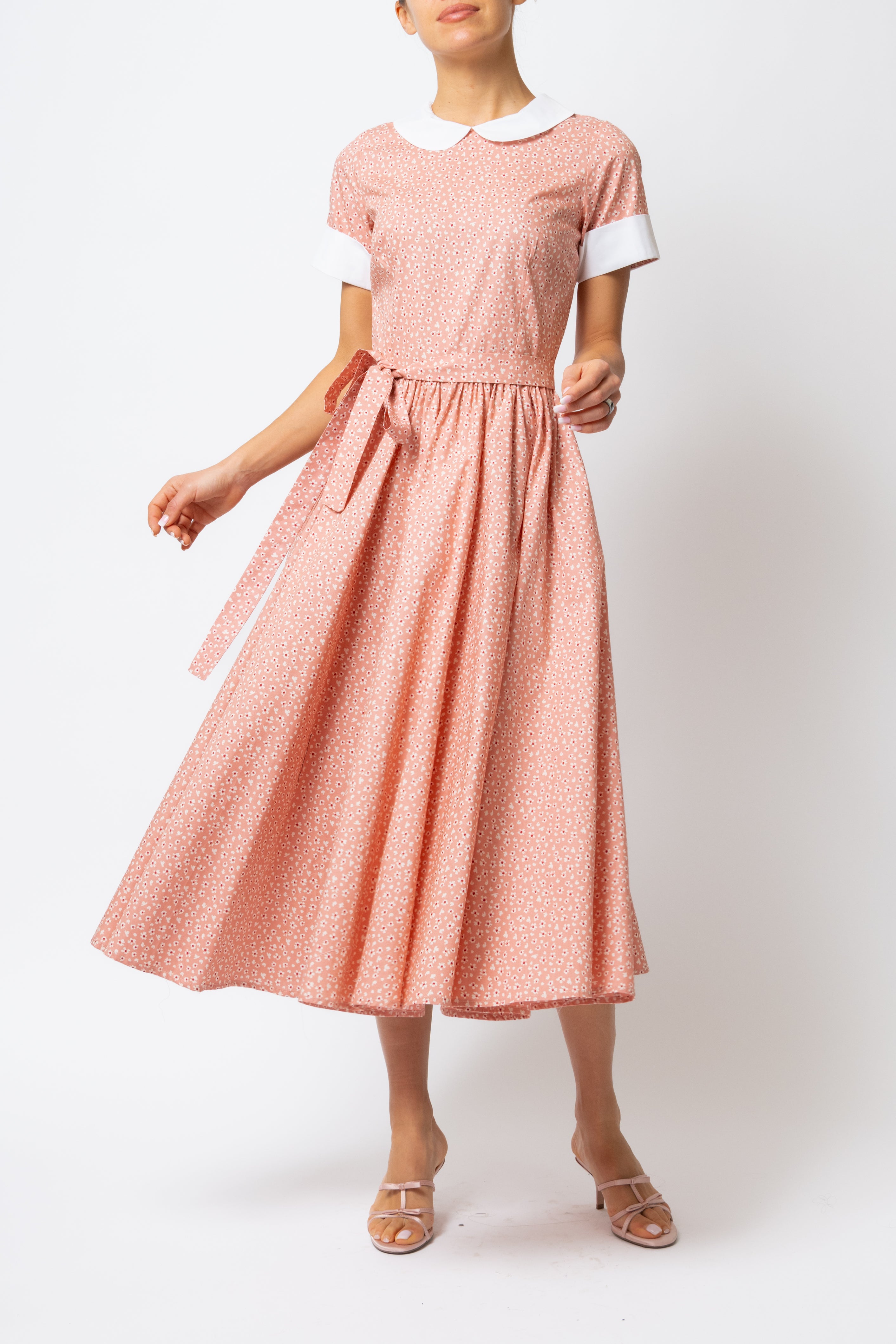 Rochie Midi cu Maneci Scurte, din Bumbac, Roz Prafuit