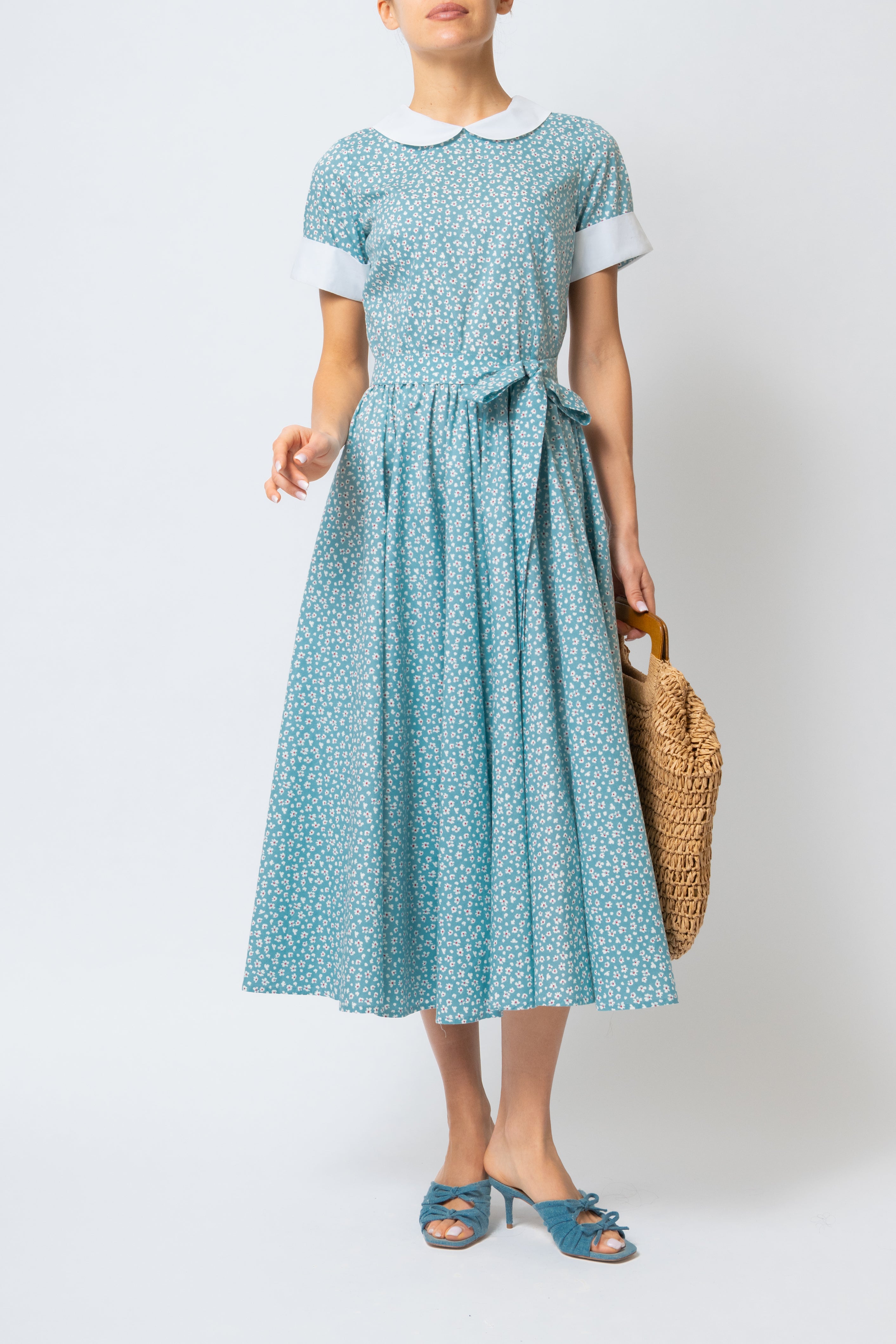 Rochie Midi cu Maneci Scurte, din Bumbac, Bleu Deschis