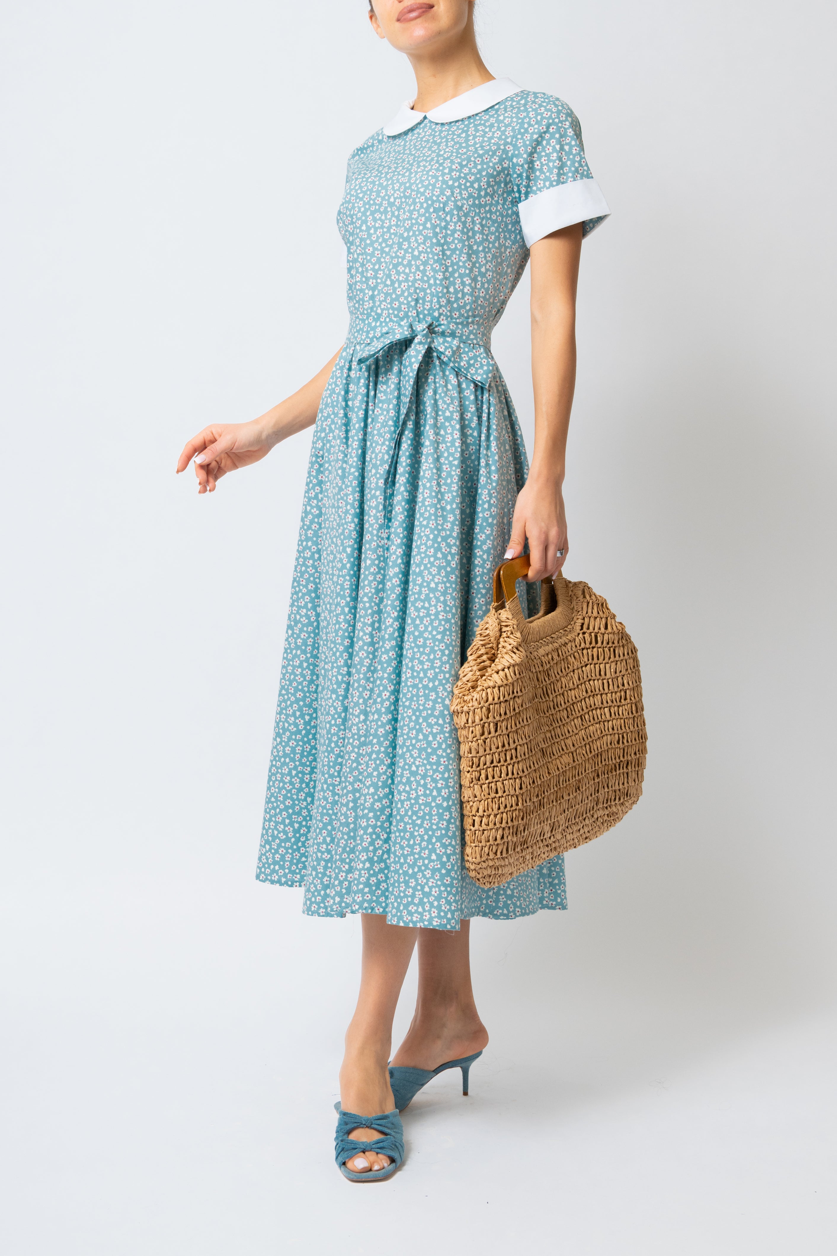 Rochie Midi cu Maneci Scurte, din Bumbac, Bleu Deschis