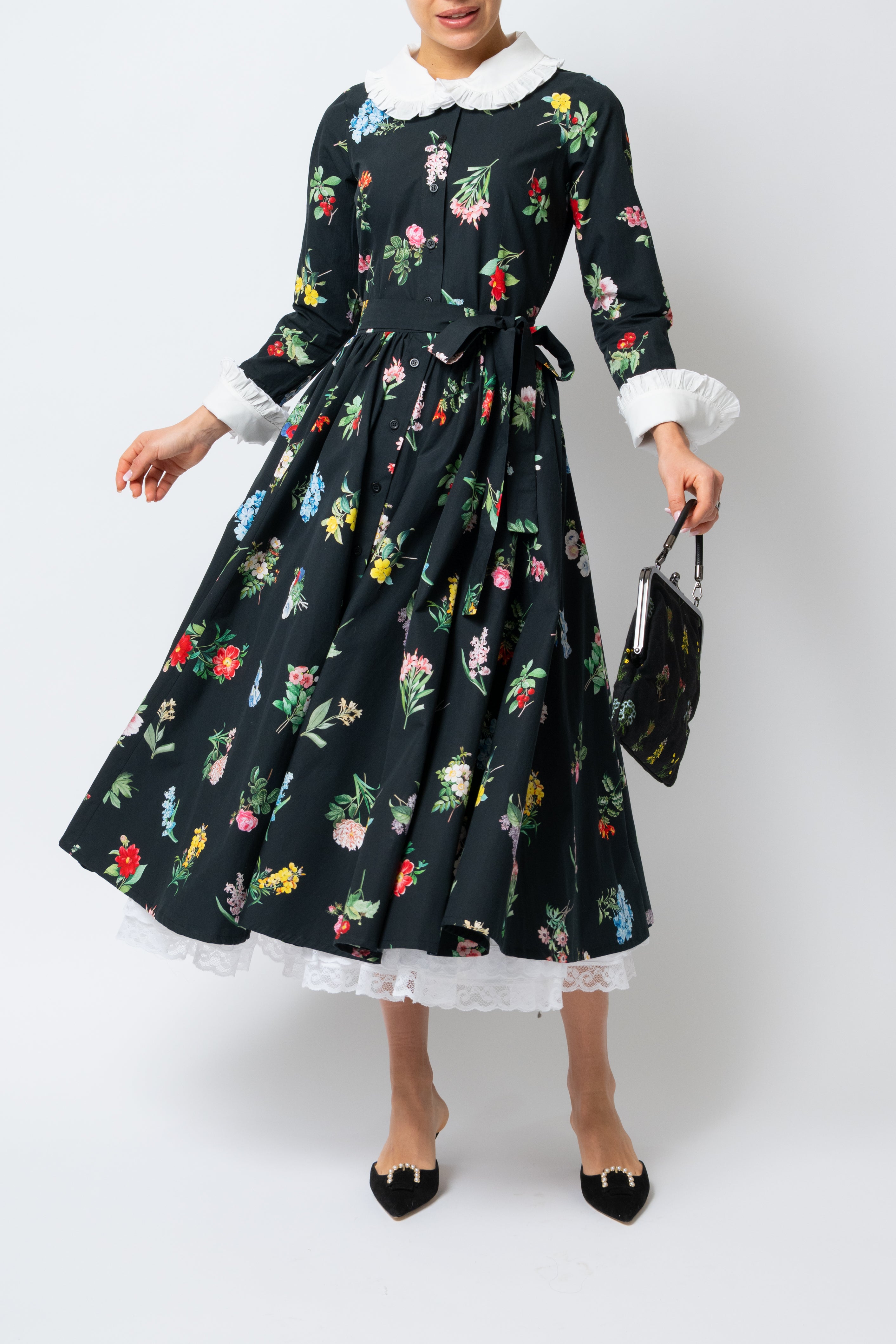 Milla Milla midi dress with floral print on black background – limited edition, available by pre-order only
