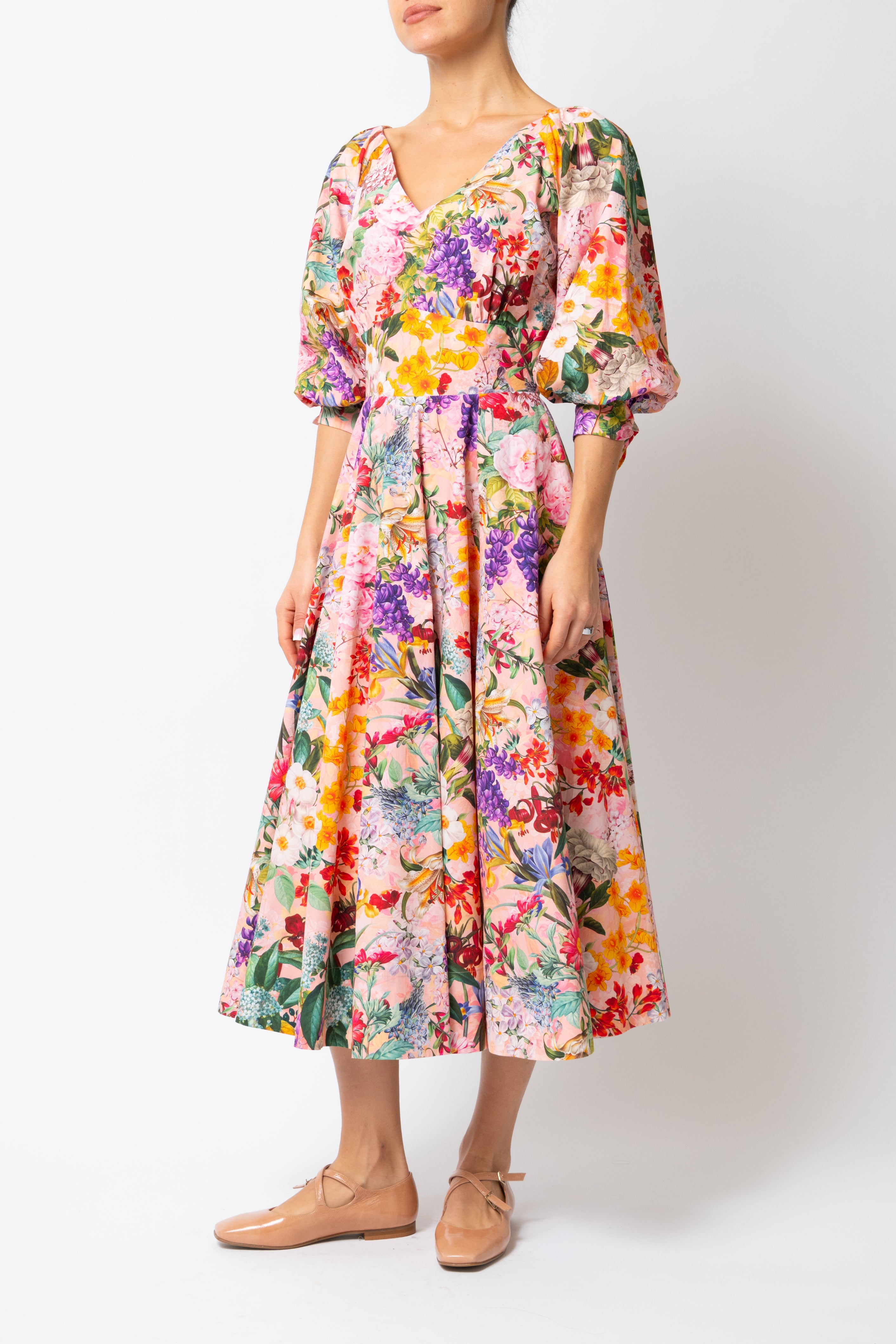 Rochie Midi cu Flori pe Roz, din Bumbac