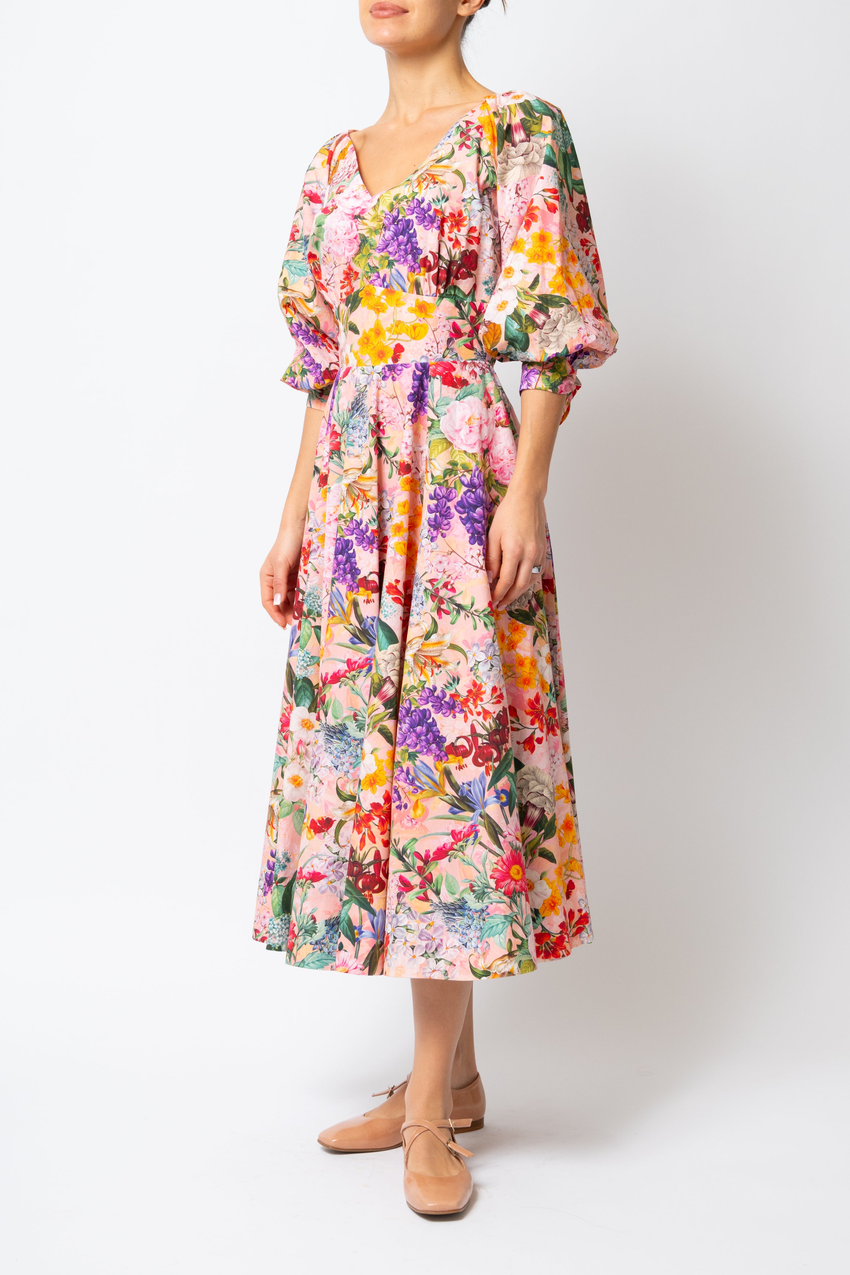 Rochie Midi cu Flori pe Roz, din Bumbac