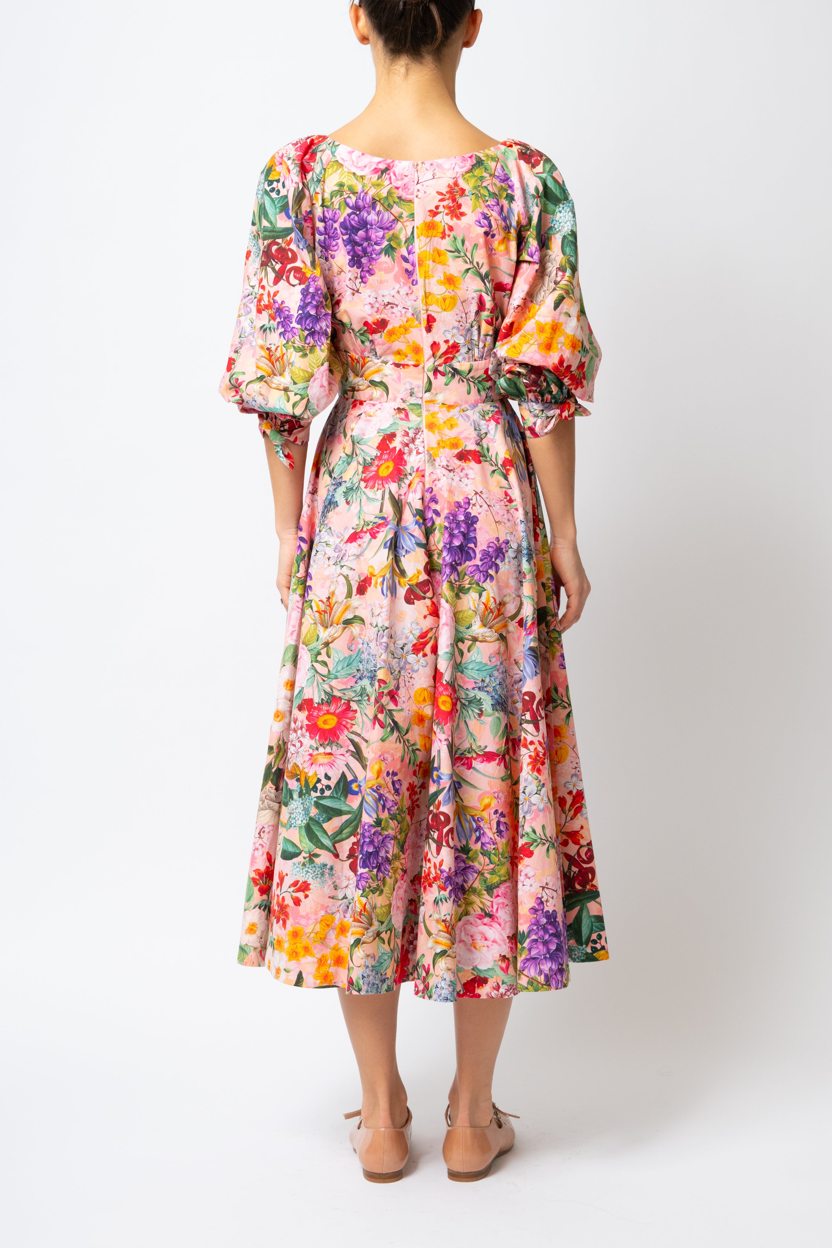 Rochie Midi cu Flori pe Roz, din Bumbac