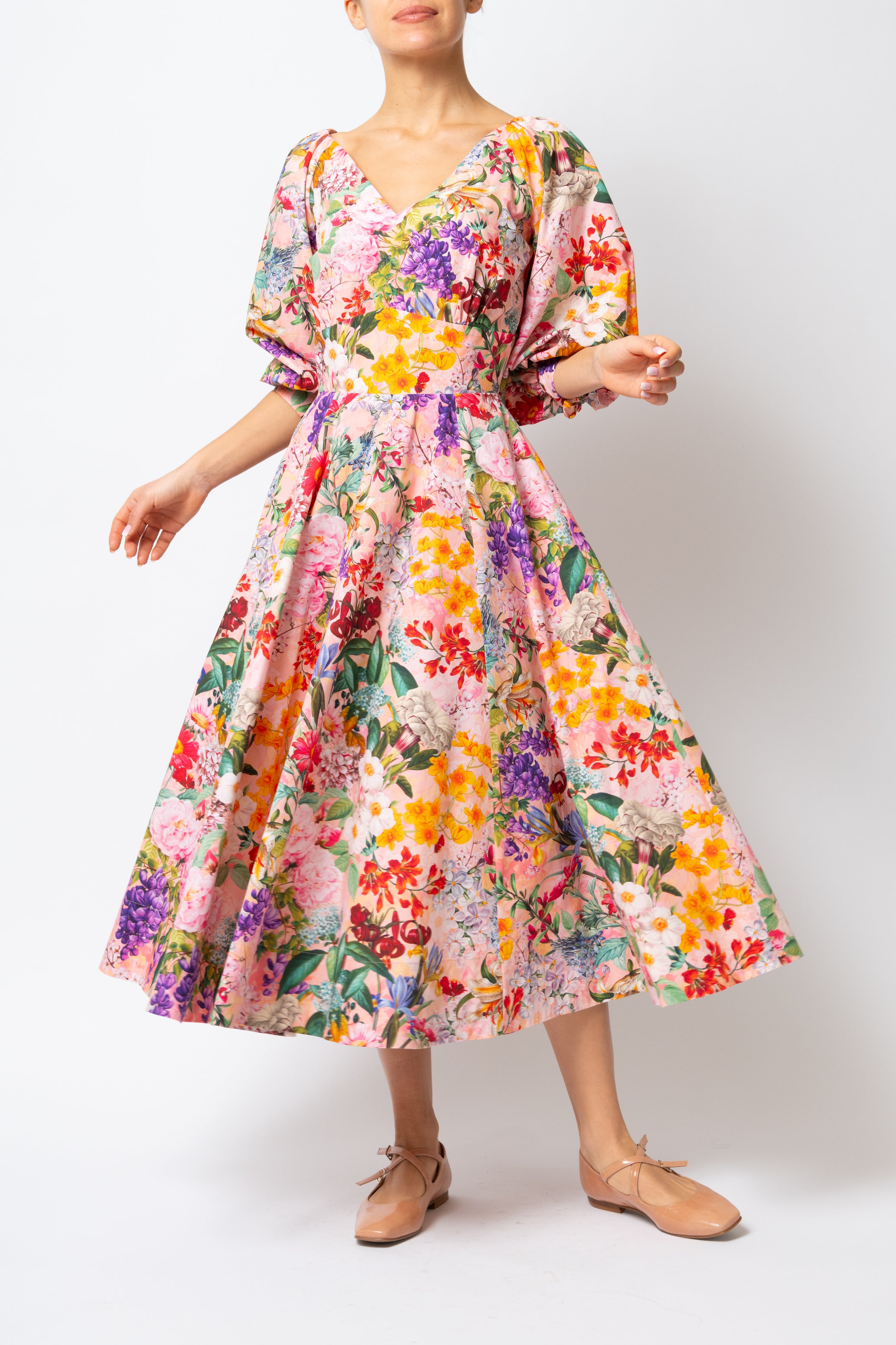 Rochie Midi cu Flori pe Roz, din Bumbac