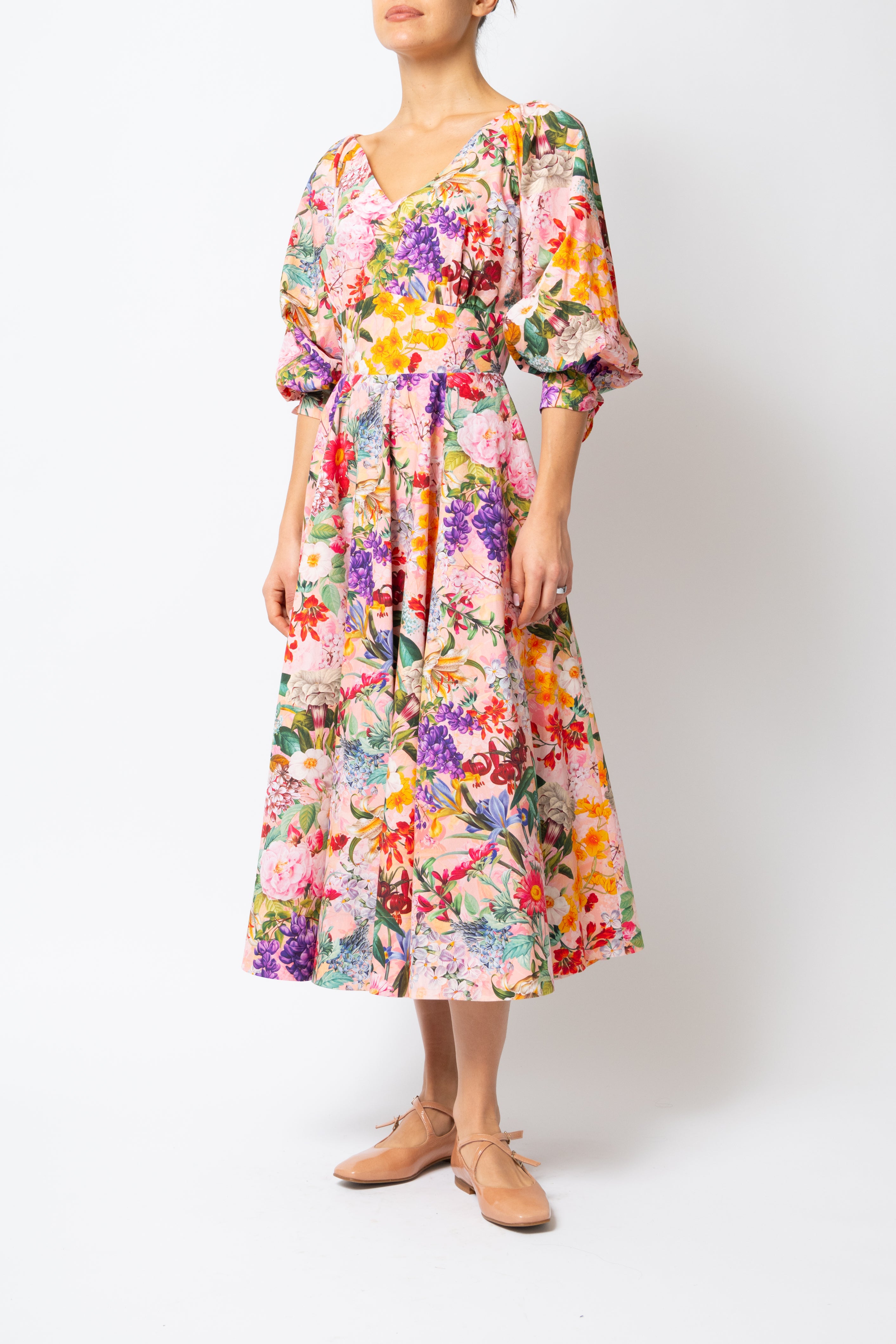 Rochie Midi cu Flori pe Roz, din Bumbac