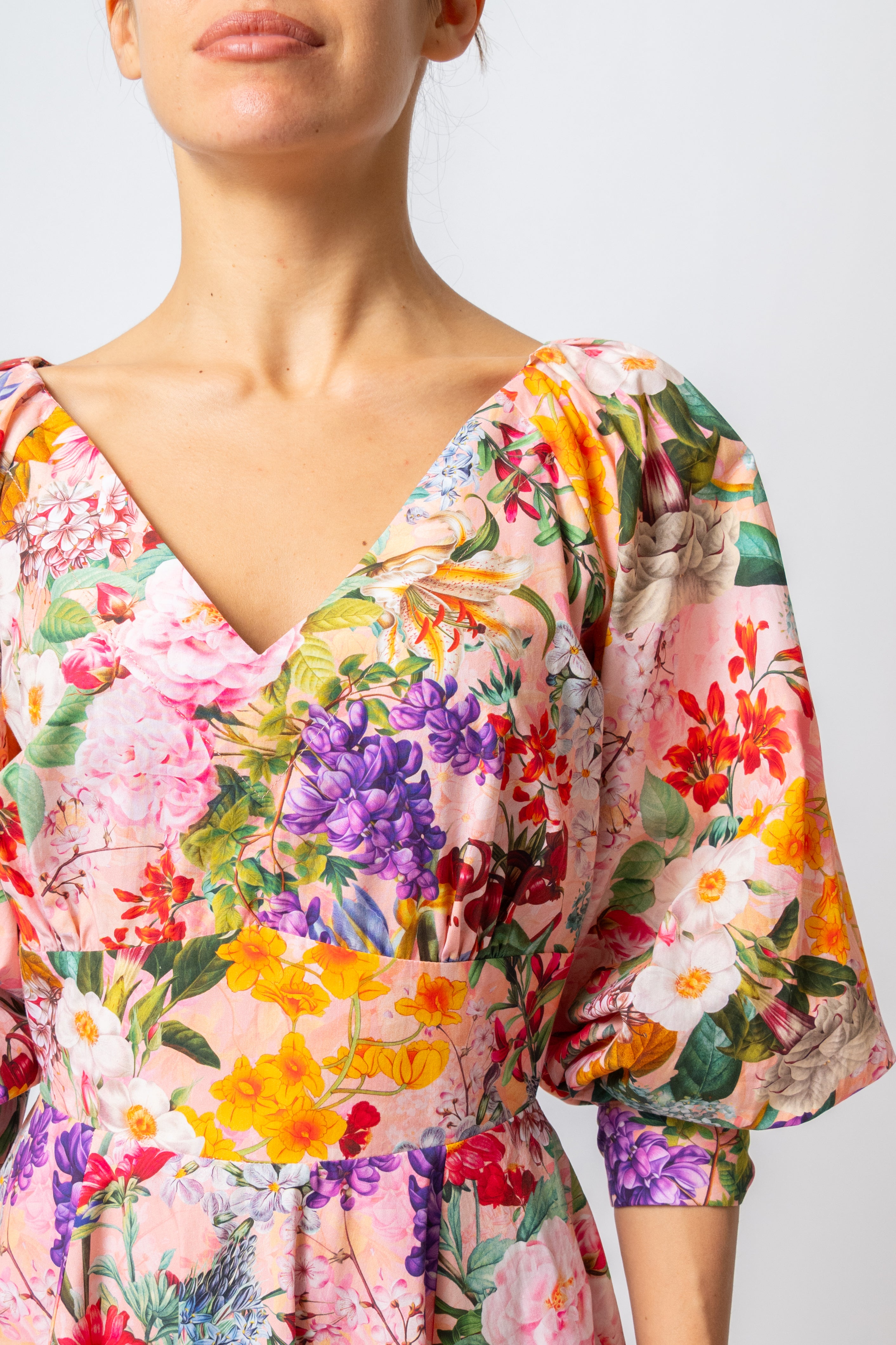 Rochie Midi cu Flori pe Roz, din Bumbac