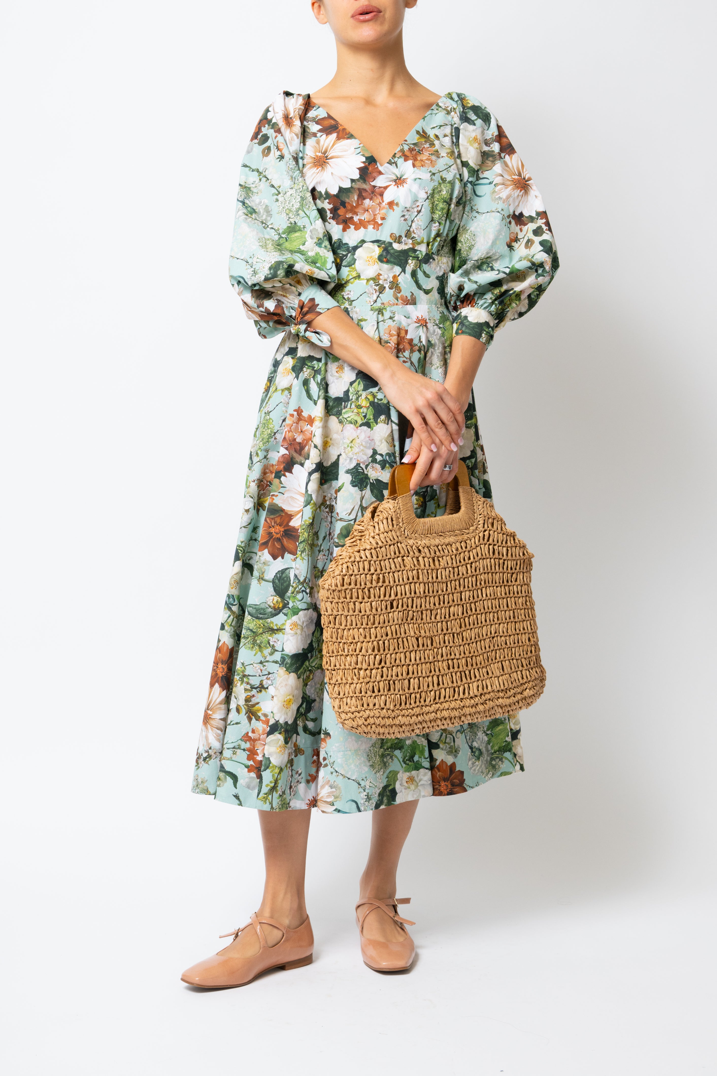 Rochie Midi cu Flori pe Aqua, din Bumbac