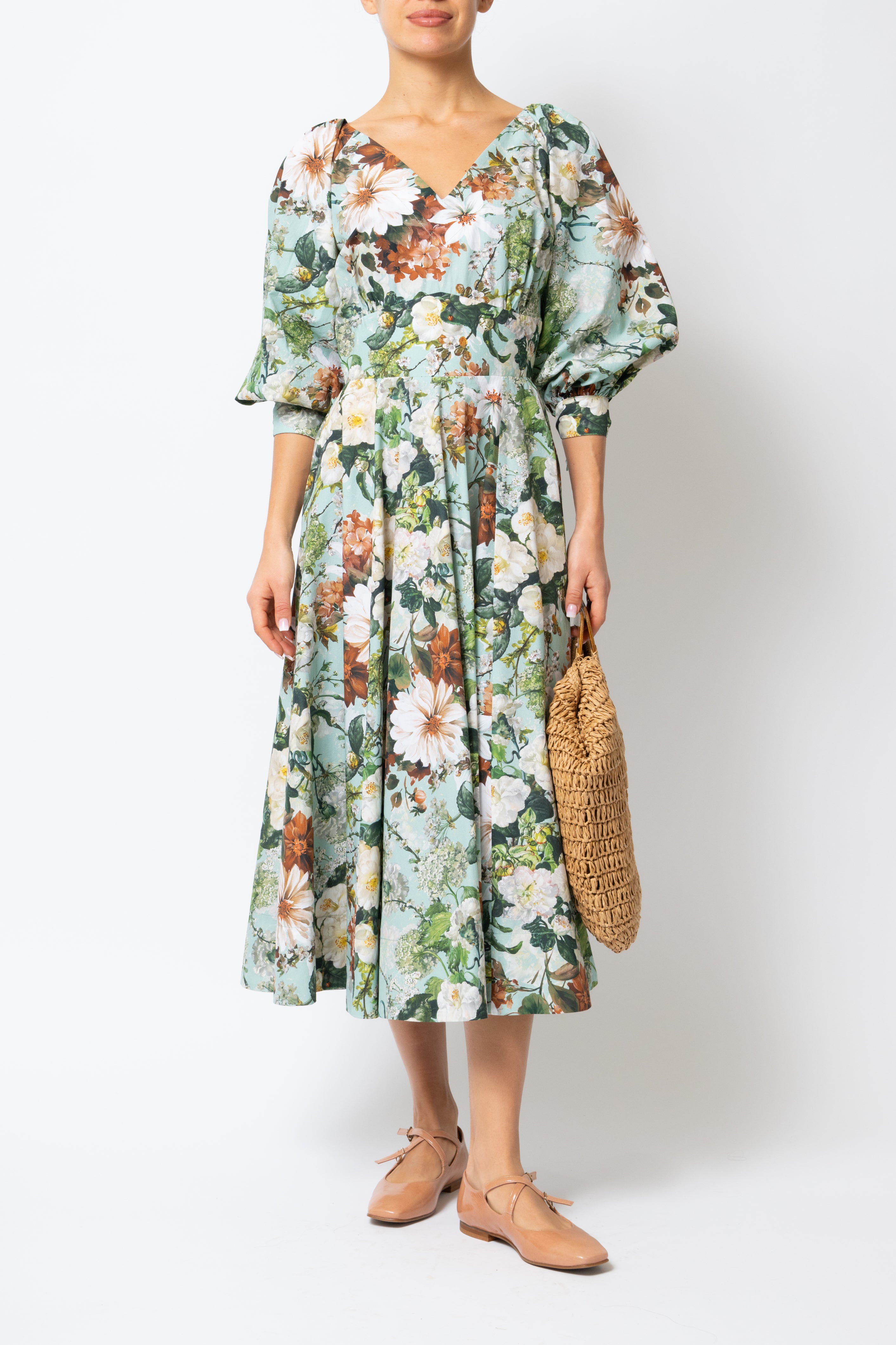 Rochie Midi cu Flori pe Aqua, din Bumbac