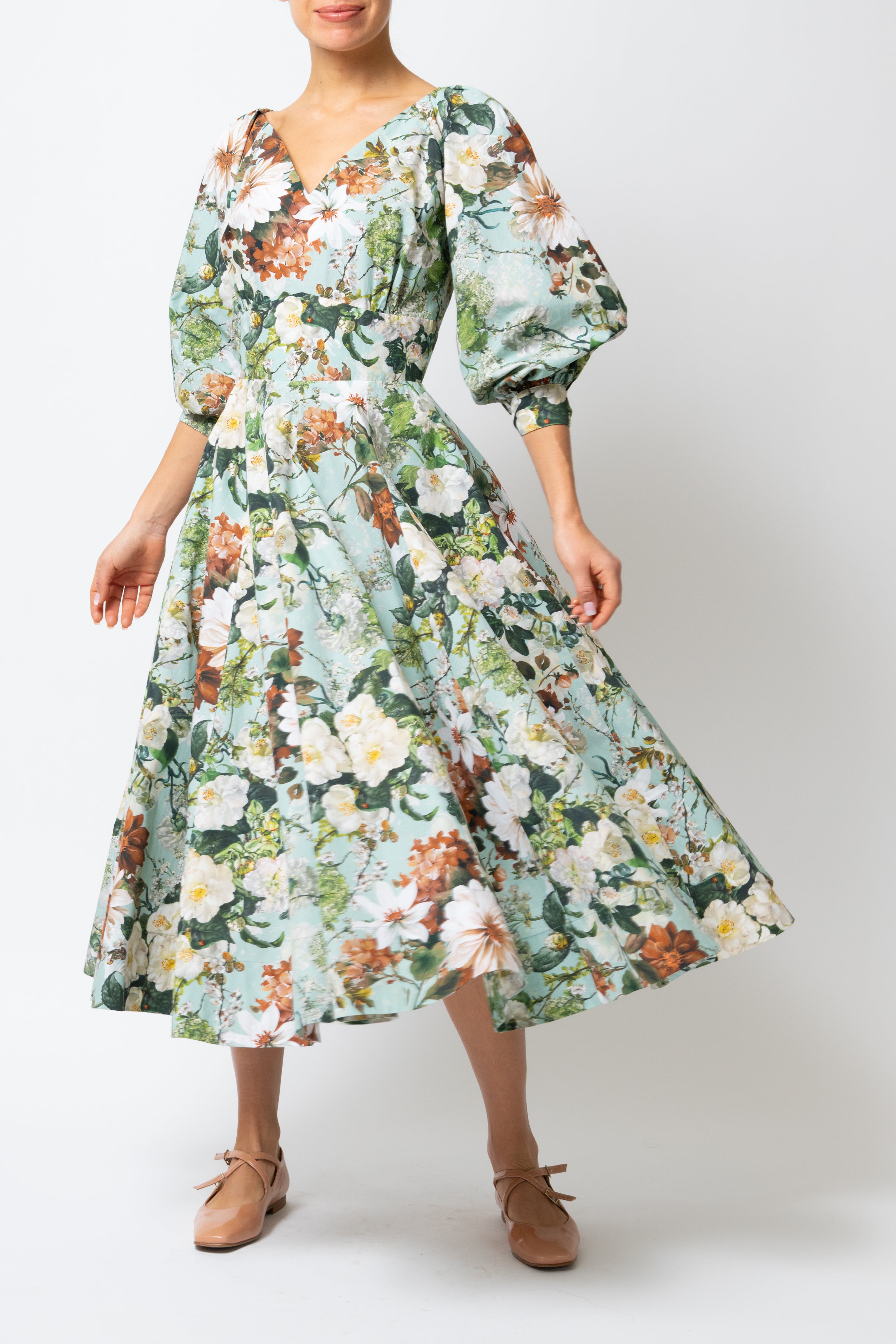 Rochie Midi cu Flori pe Aqua, din Bumbac