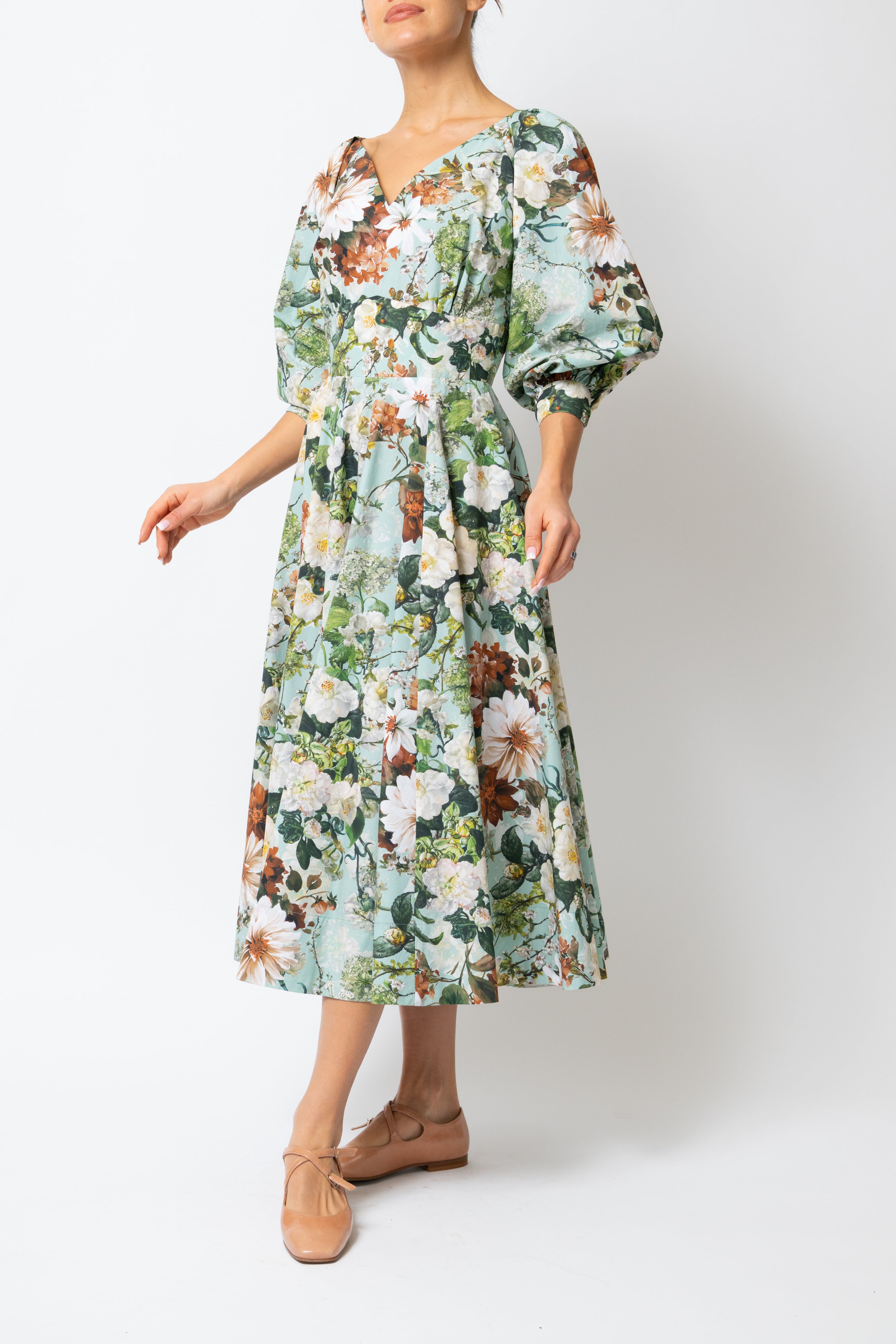 Rochie Midi cu Flori pe Aqua, din Bumbac