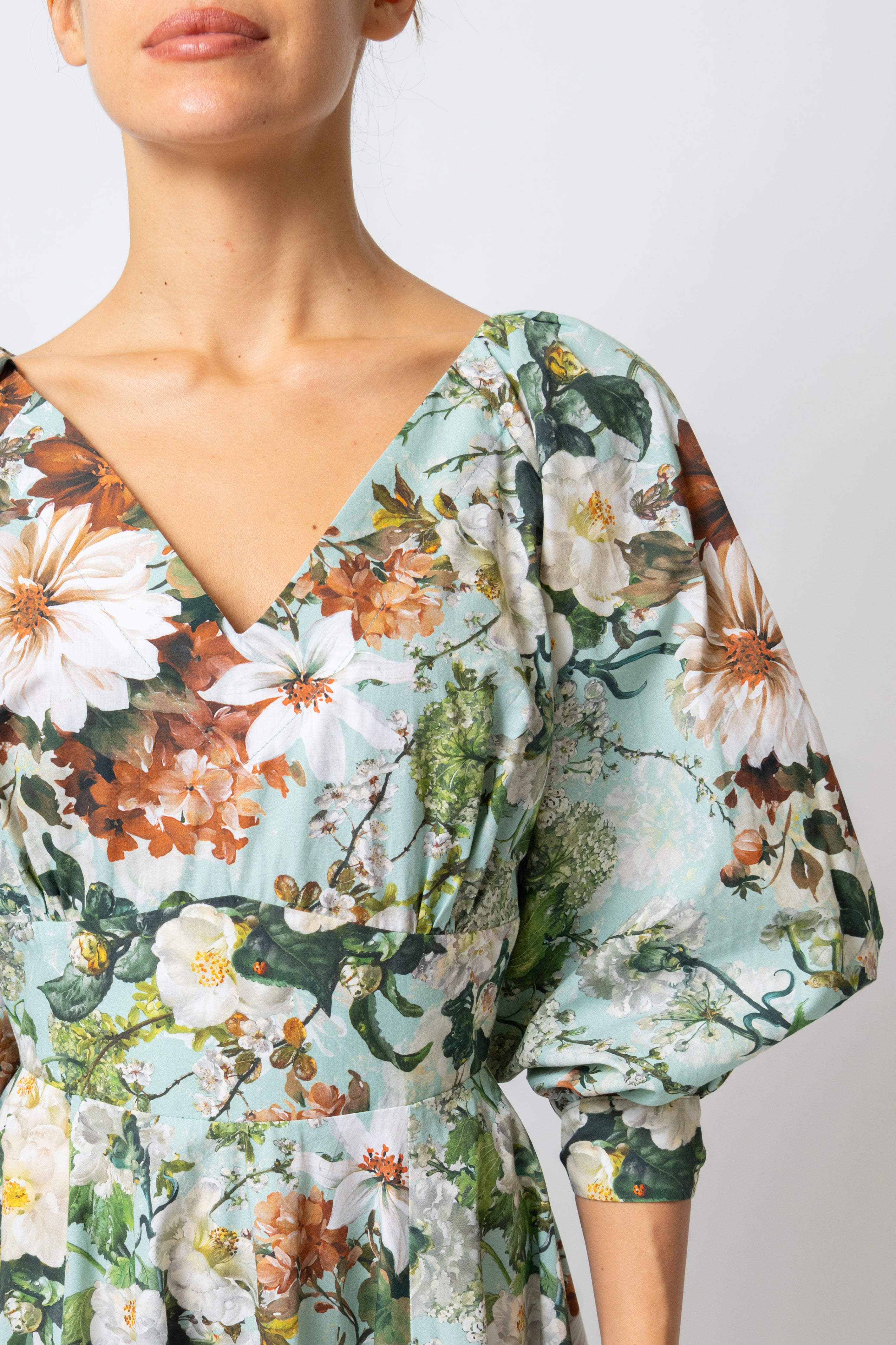 Rochie Midi cu Flori pe Aqua, din Bumbac