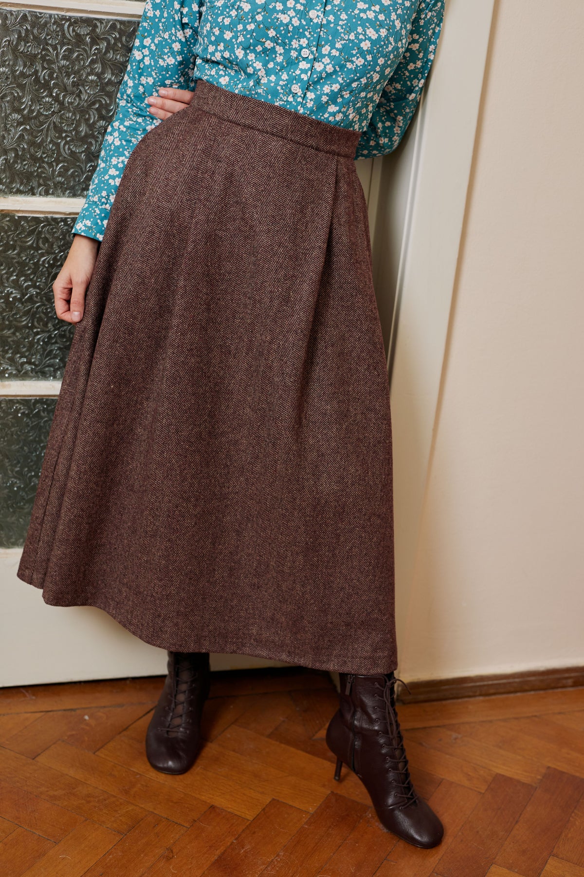 Wide Midi Skirt with Pleated Small Check Wool, Grey