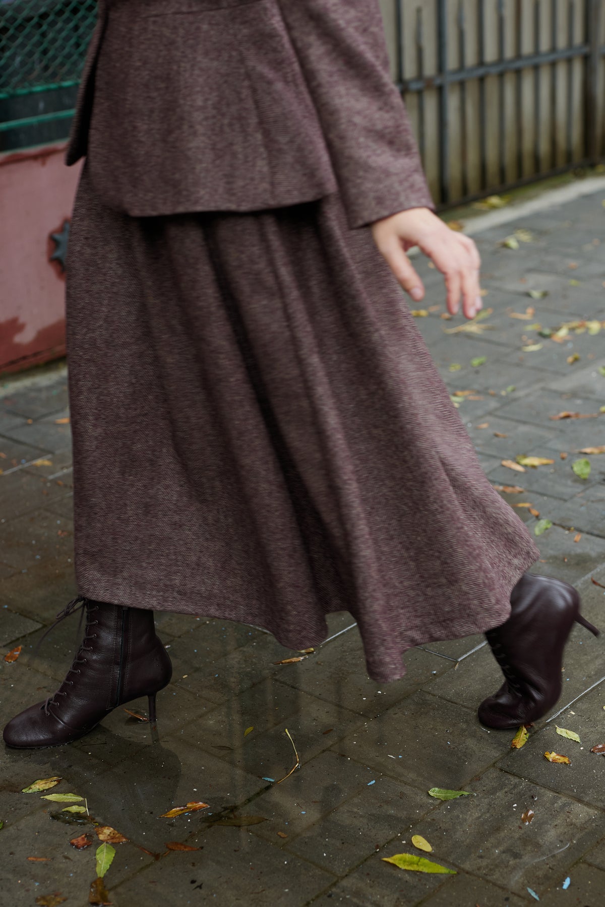 Wide Midi Skirt with Pleated Small Check Wool, Grey