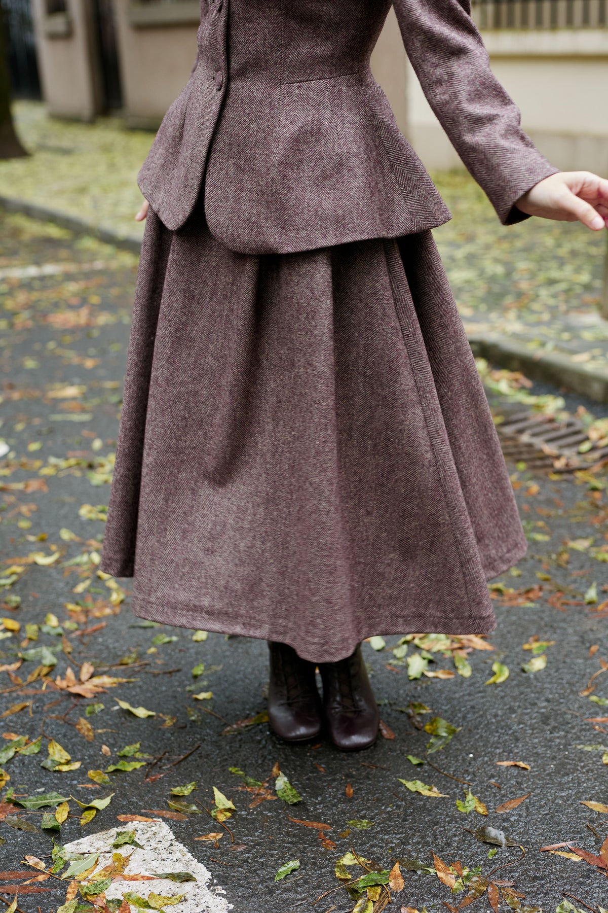 Wide Midi Skirt with Pleated Small Check Wool, Grey