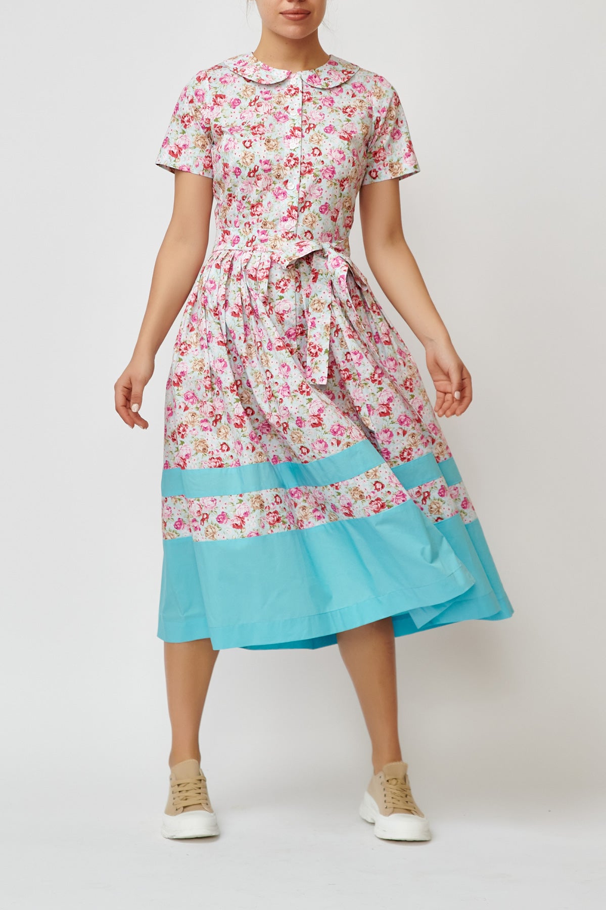 Floral Print Cotton Midi Shirt Dress, Light Blue