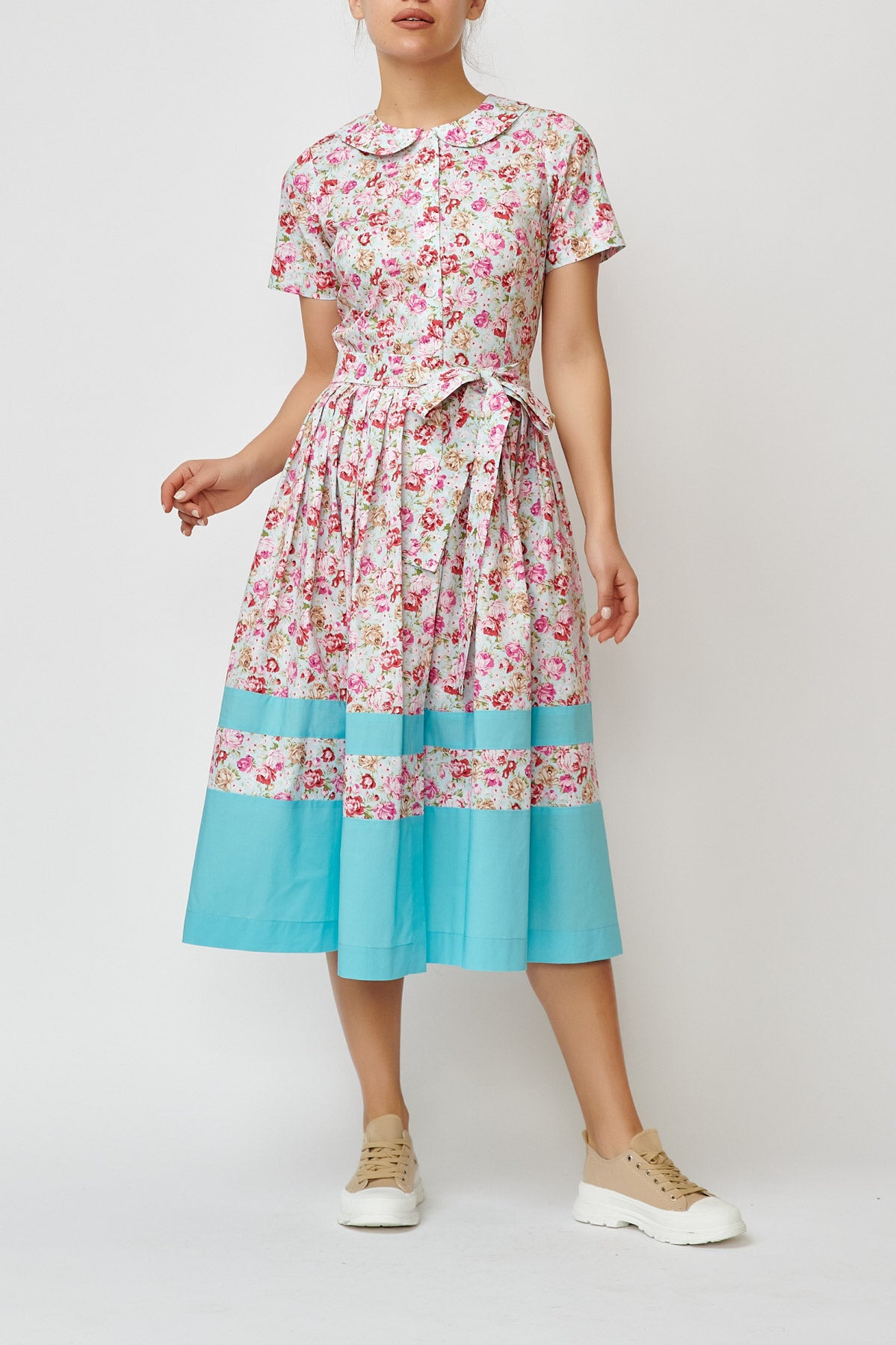 Floral Print Cotton Midi Shirt Dress, Light Blue