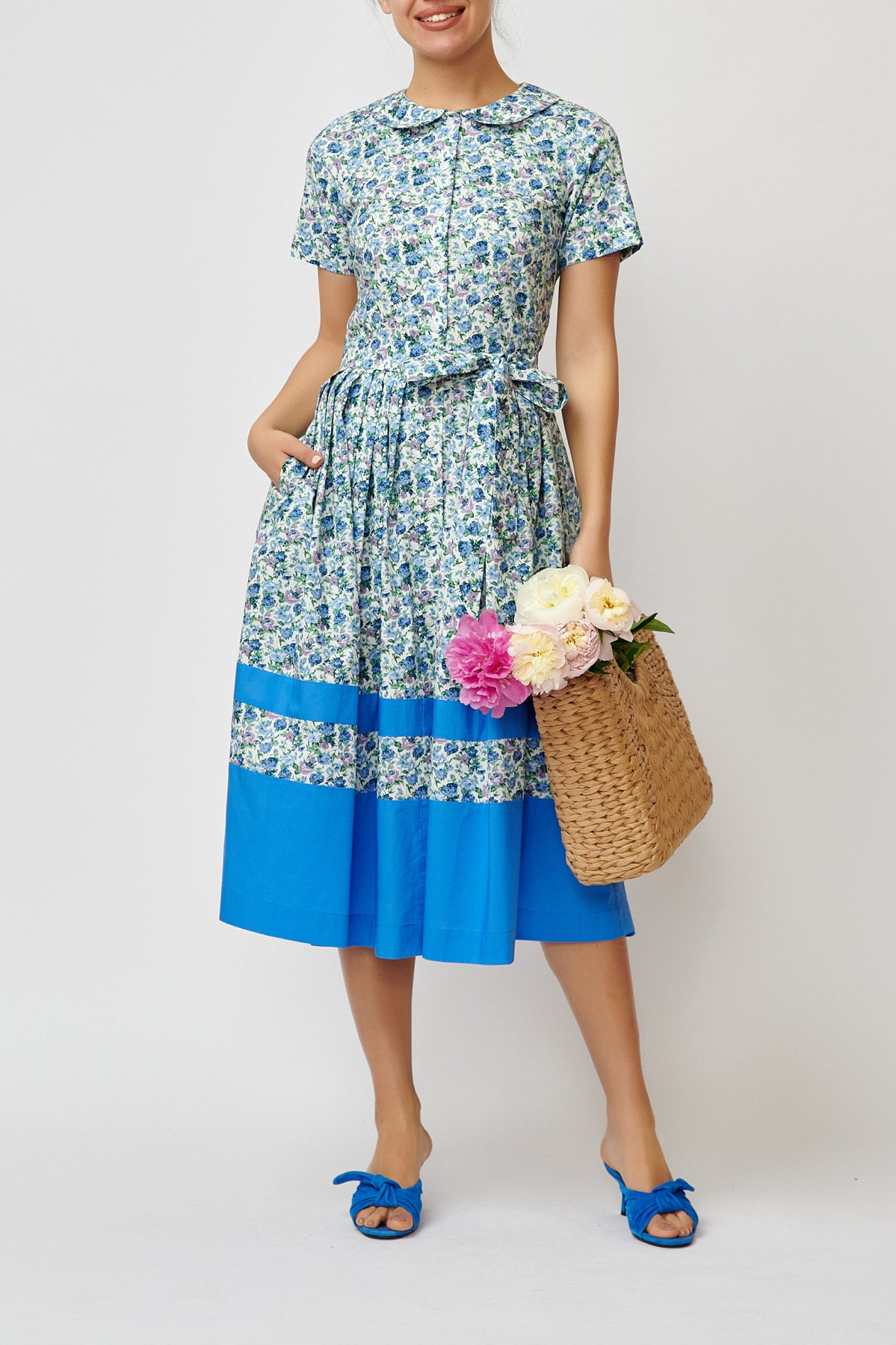 Floral Print Cotton Midi Shirt Dress, Blue