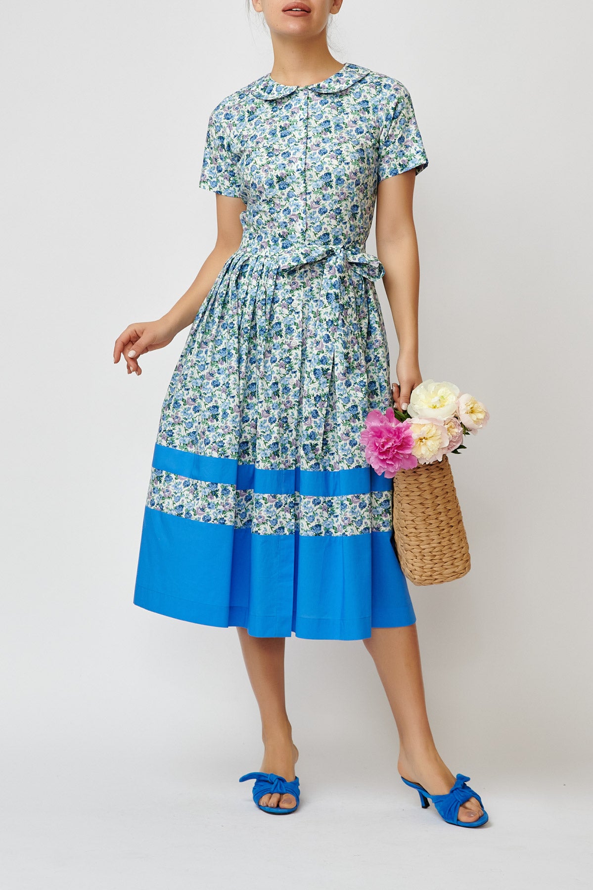 Floral Print Cotton Midi Shirt Dress, Blue