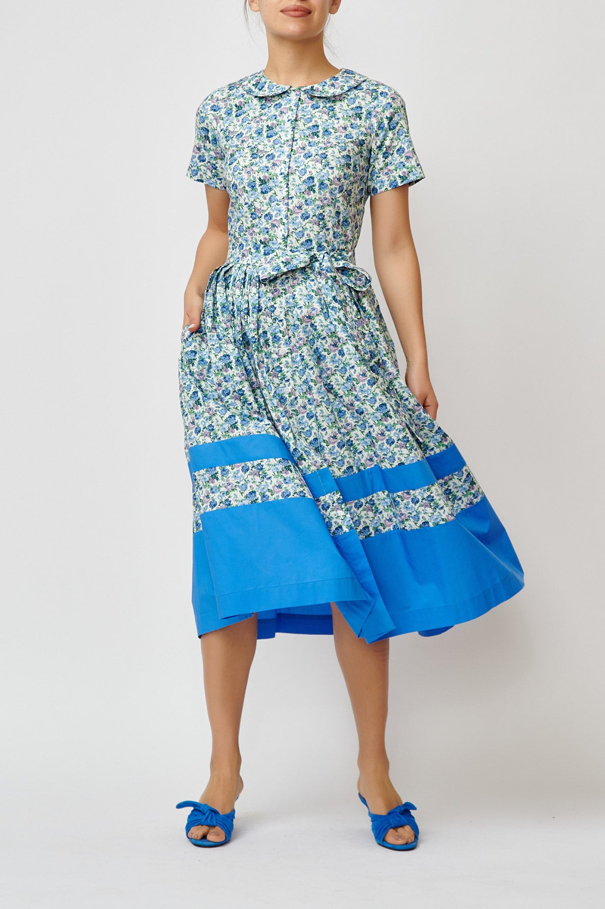 Floral Print Cotton Midi Shirt Dress, Blue