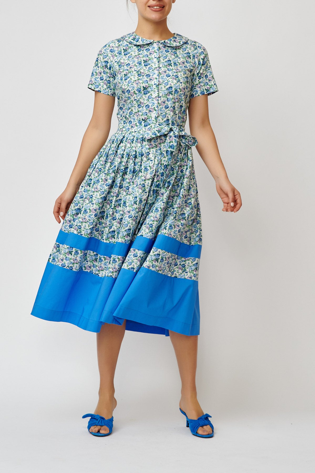Floral Print Cotton Midi Shirt Dress, Blue