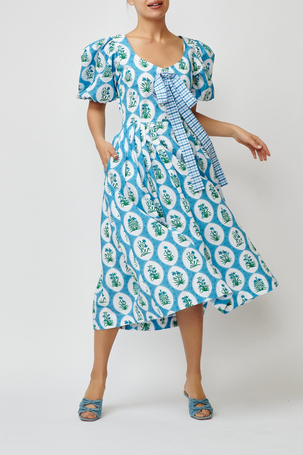 Rochie Midi cu Imprimeu Aman din Bumbac, Bleu