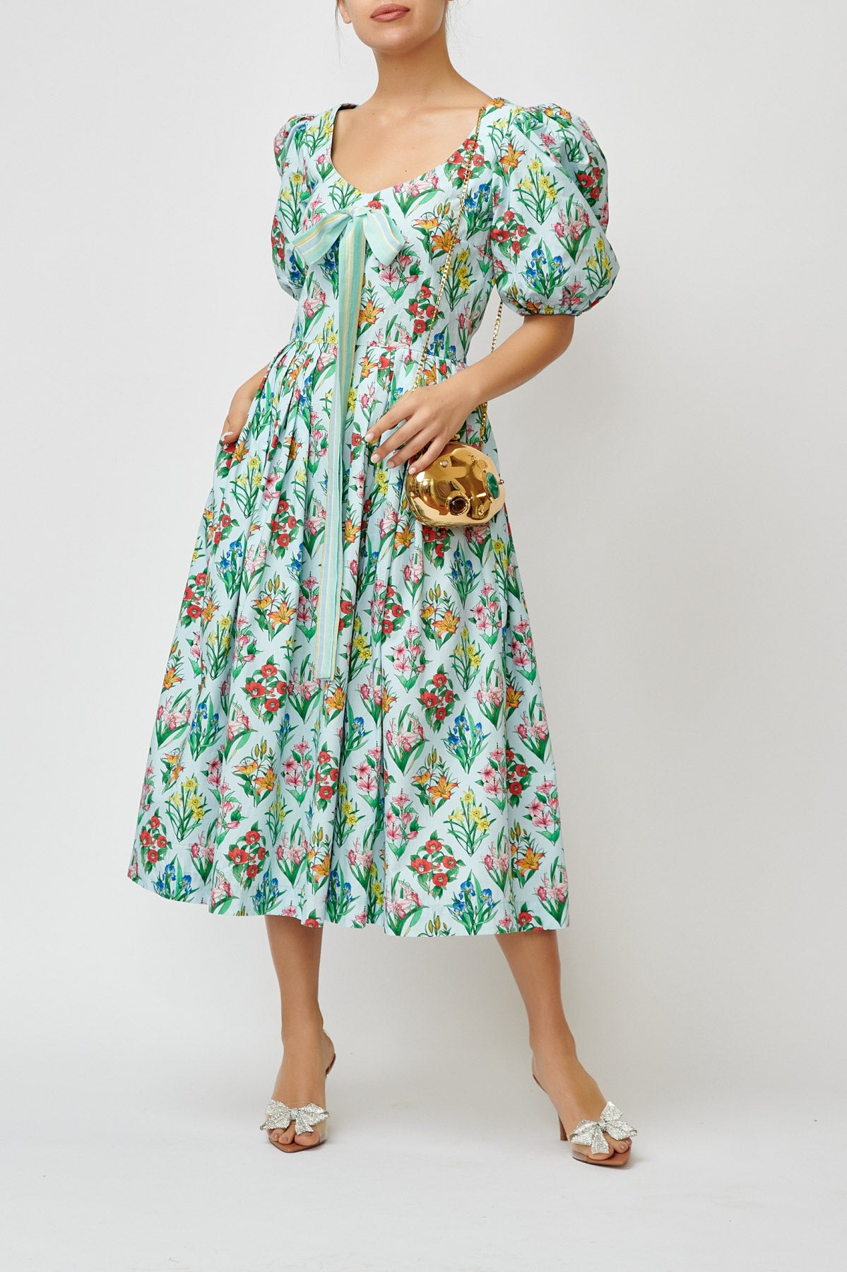 Rochie Midi cu Imprimeu Multicolor din Bumbac, Bleu