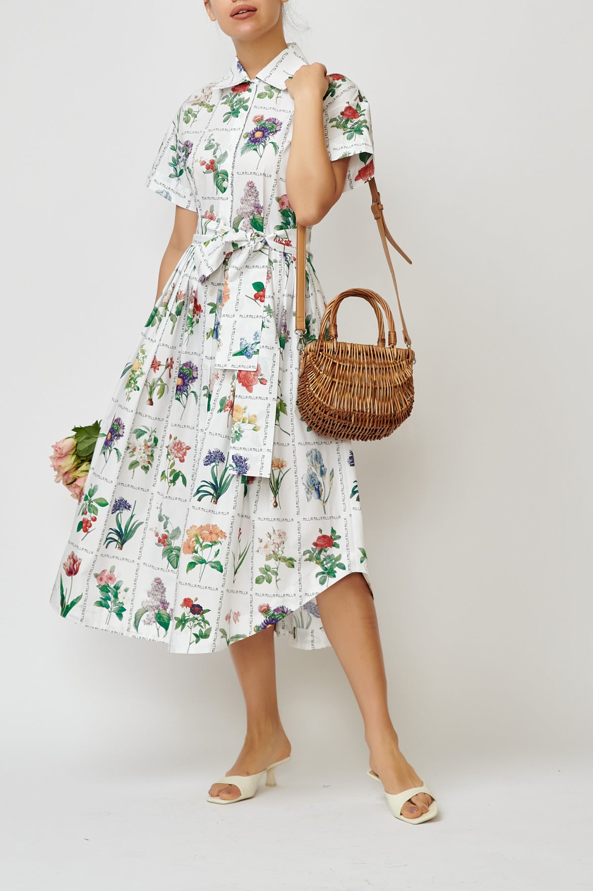 Rochie Camasa Midi cu Imprimeu Floral din Bumbac “Milla Milla”, Alba