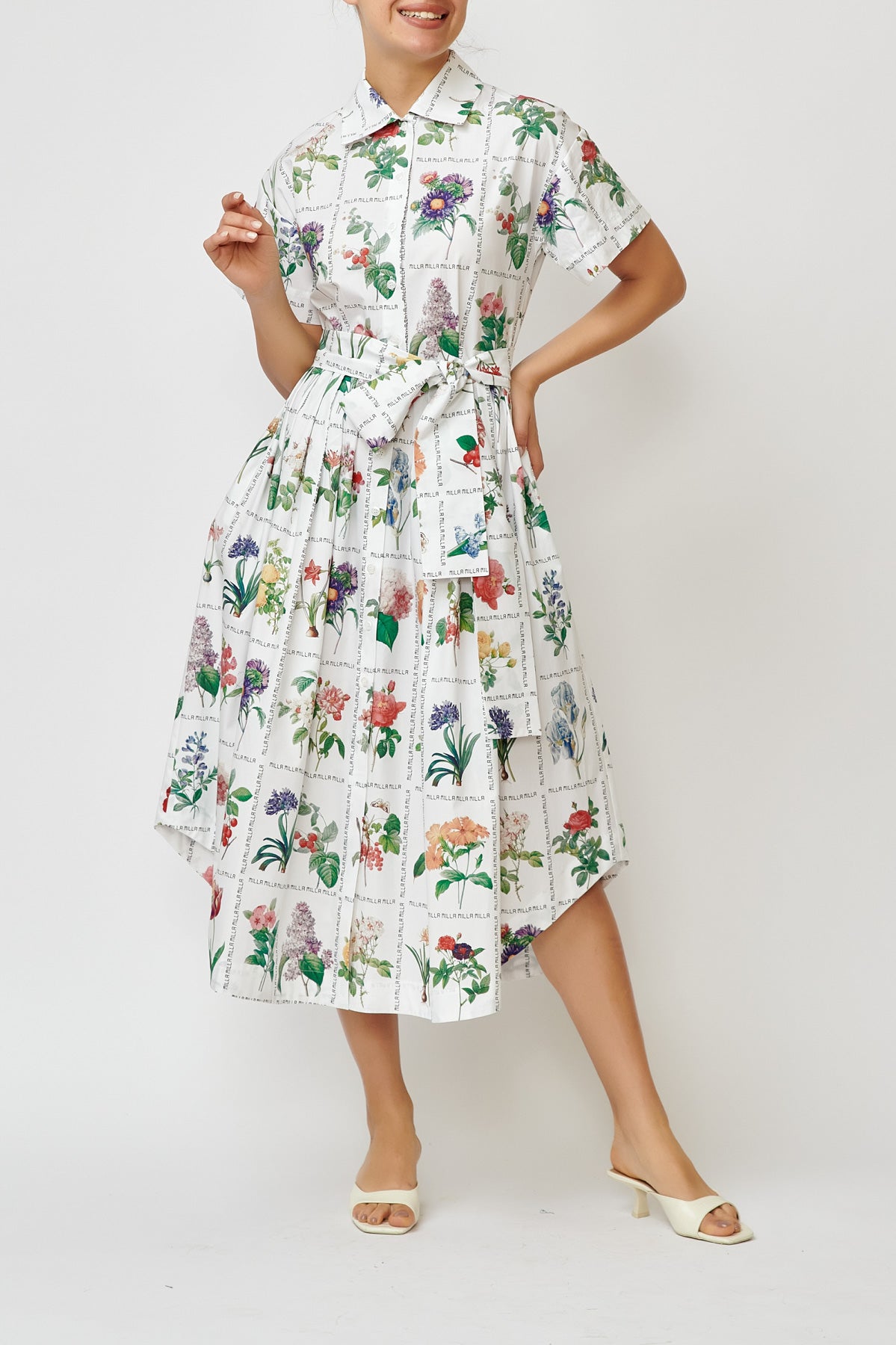 Rochie Camasa Midi cu Imprimeu Floral din Bumbac “Milla Milla”, Alba