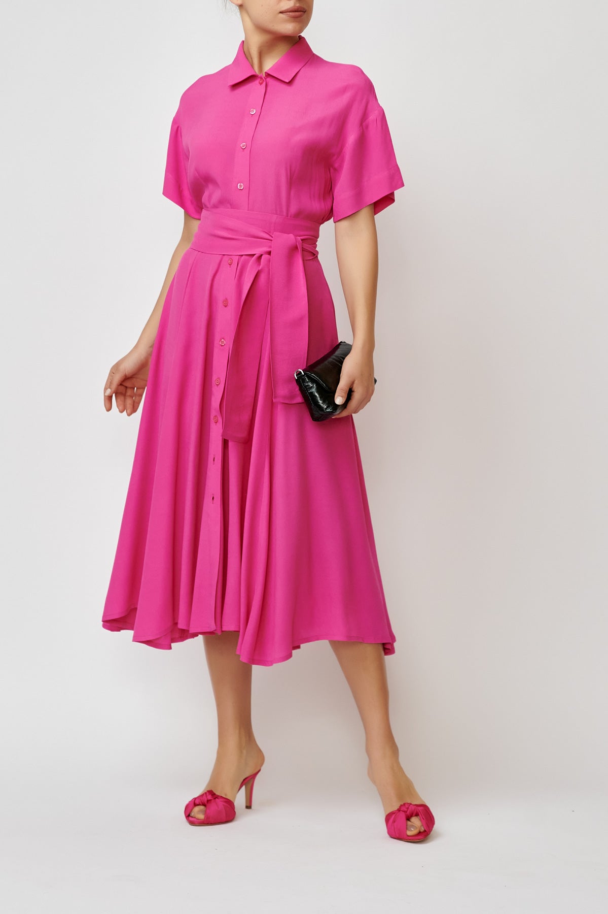 Midi Viscose Shirt Dress, Fuchsia Pink