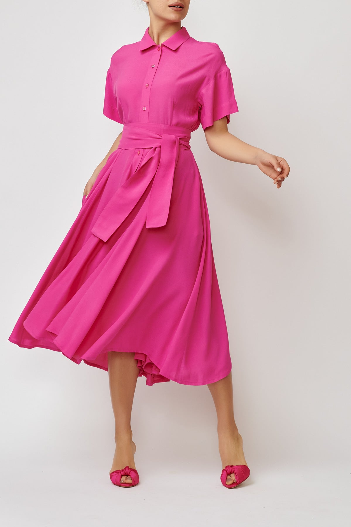 Midi Viscose Shirt Dress, Fuchsia Pink