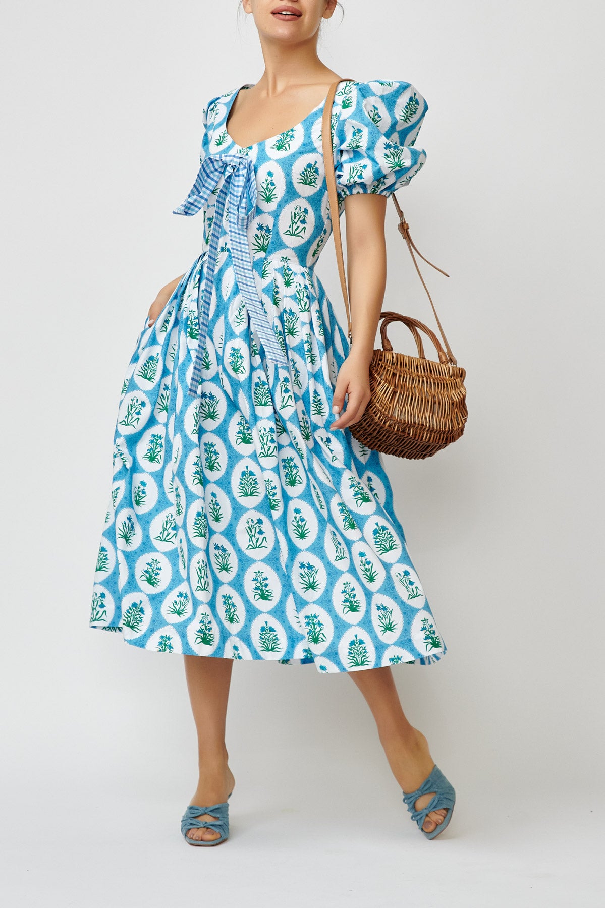 Rochie Midi cu Imprimeu Aman din Bumbac, Bleu