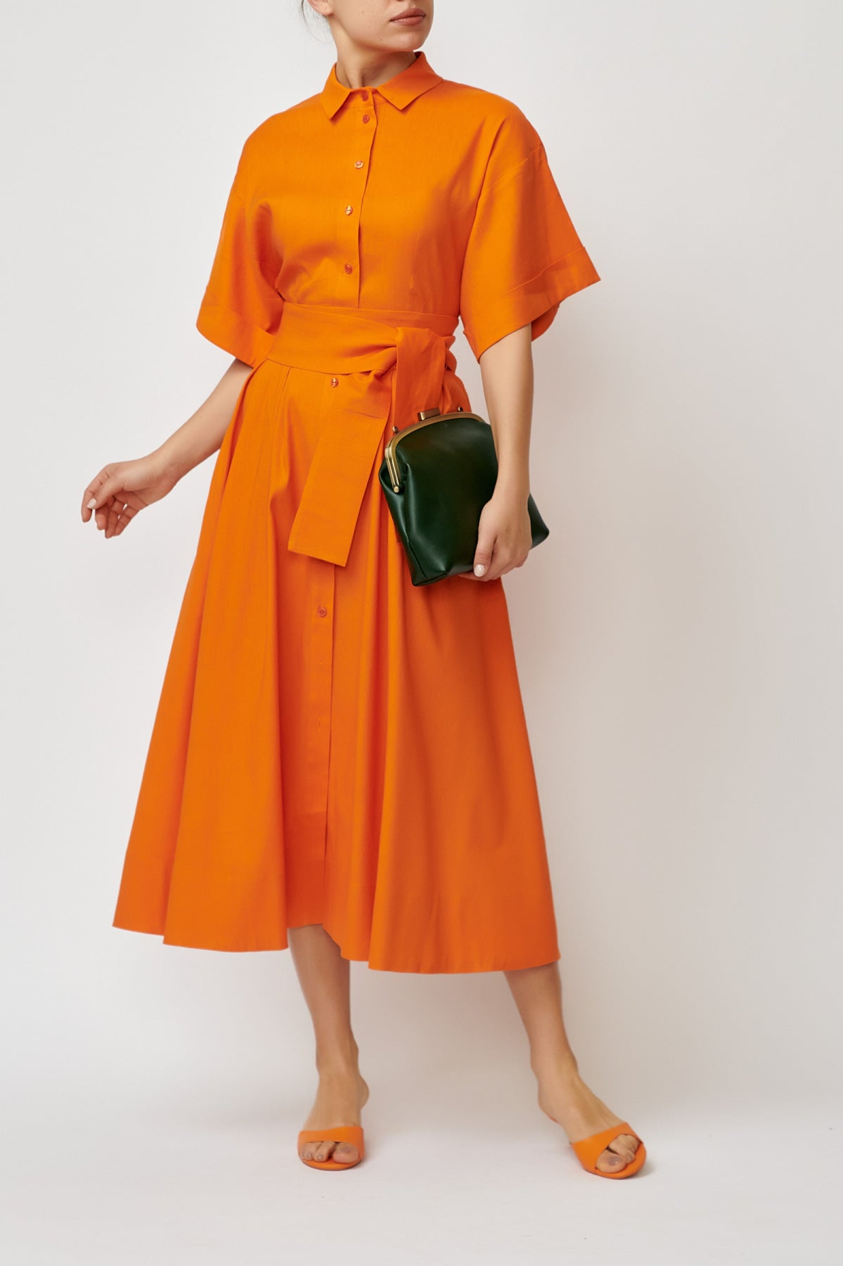 Rochie Camasa Midi din In cu Viscoza, Oranj