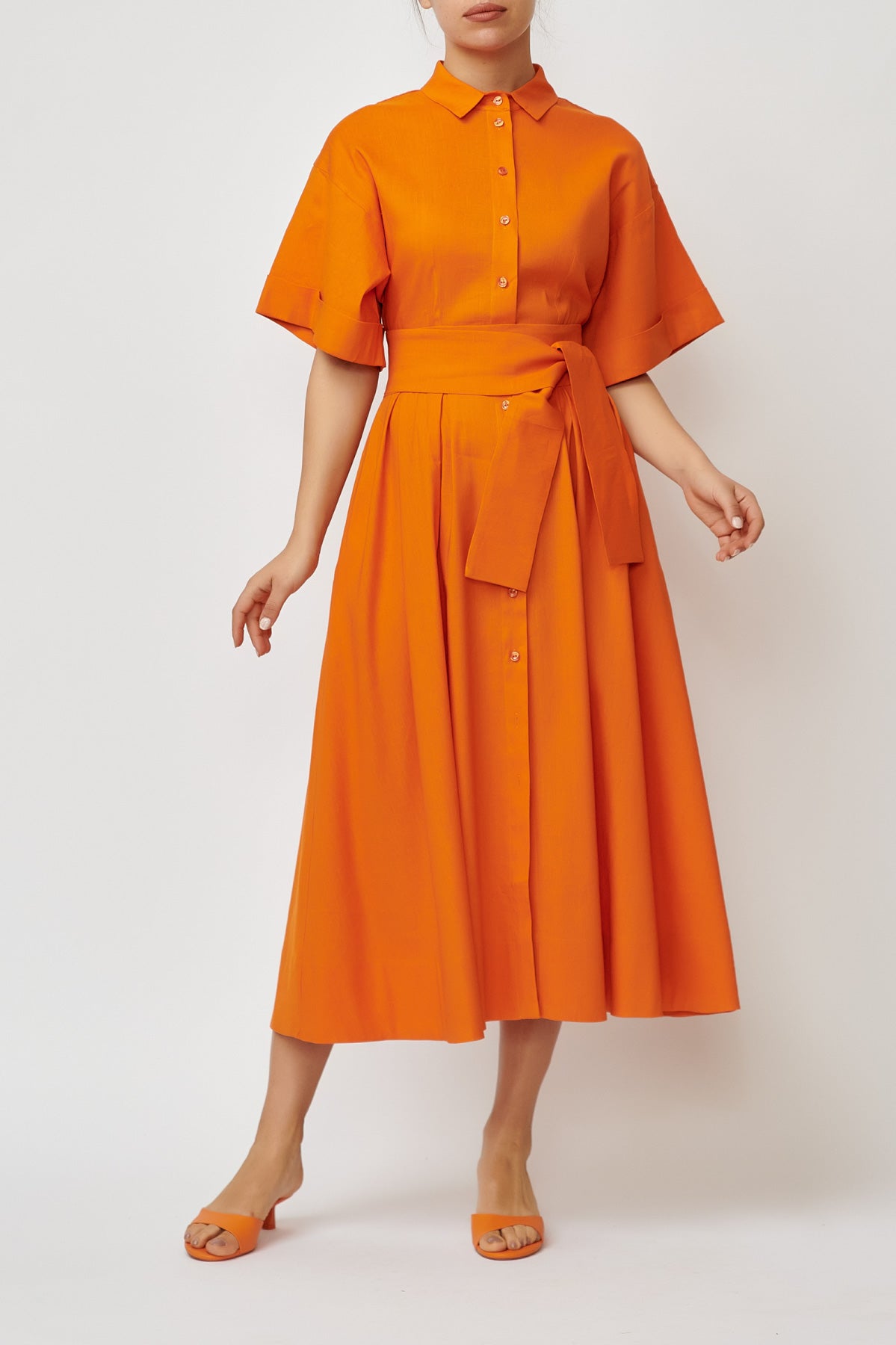 Rochie Camasa Midi din In cu Viscoza, Oranj