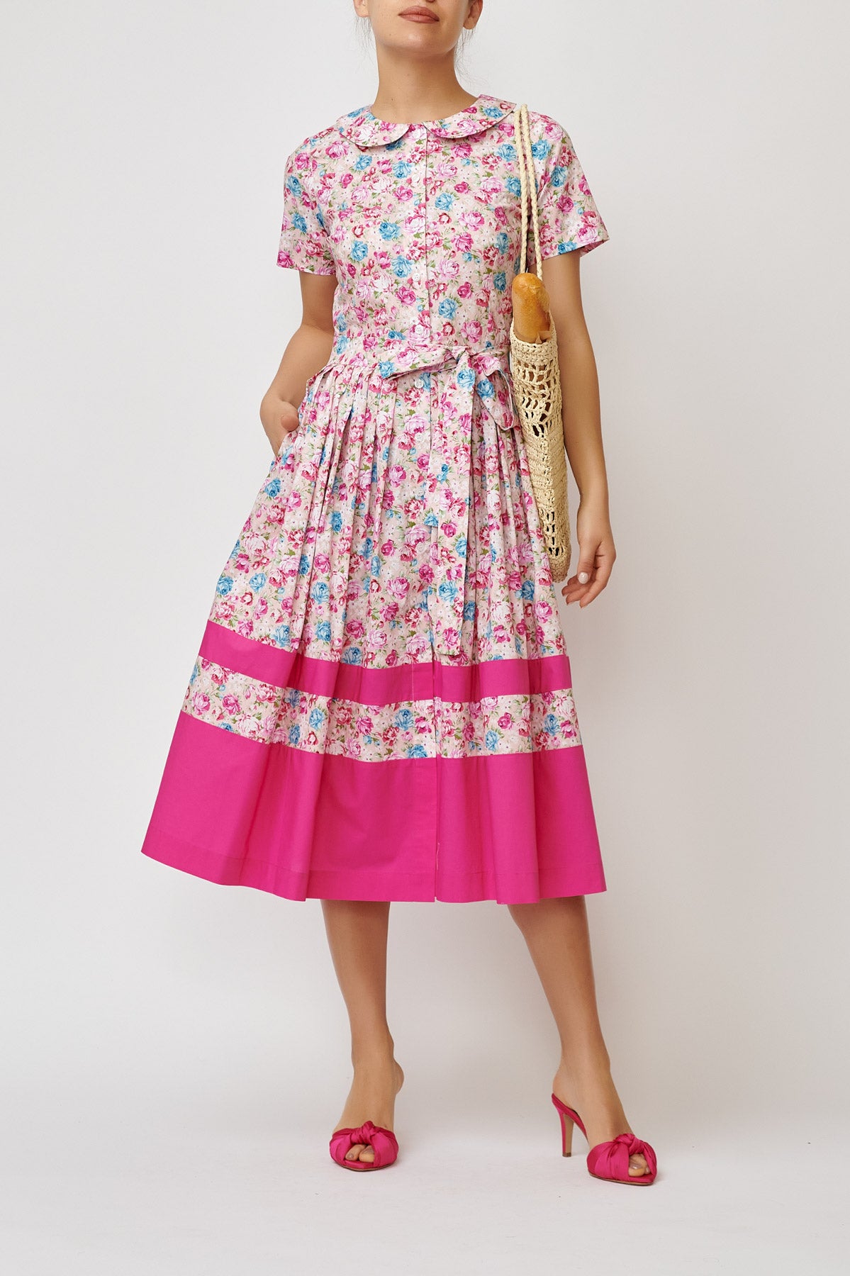 Floral Print Cotton Midi Shirt Dress, Pink