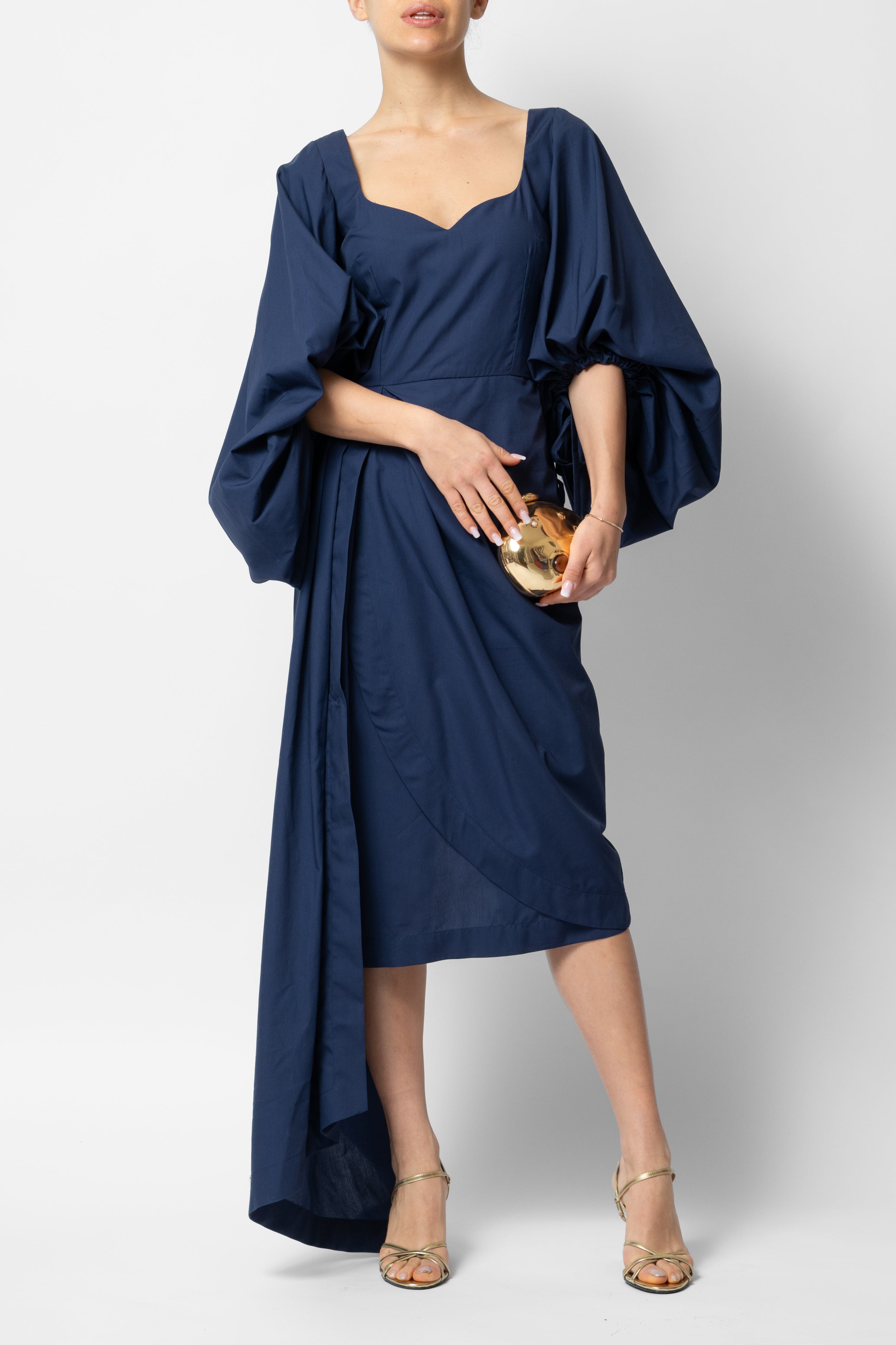 Rochie Midi cu Maneci Voluminoase din Bumbac, Negru-Bleumarin