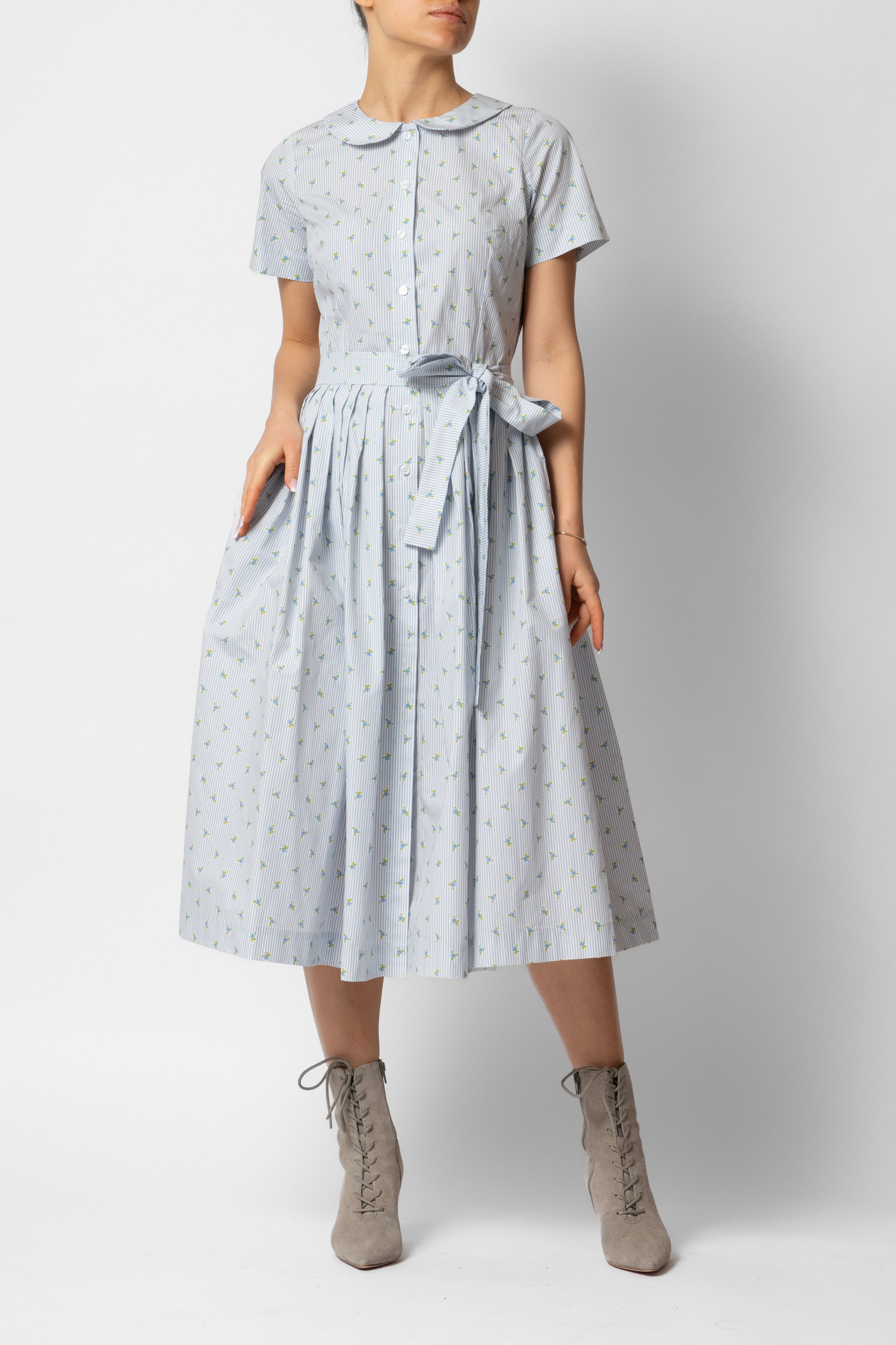 Rochie Camasa Midi cu Imprimeu Floral si Dungat, Bleu