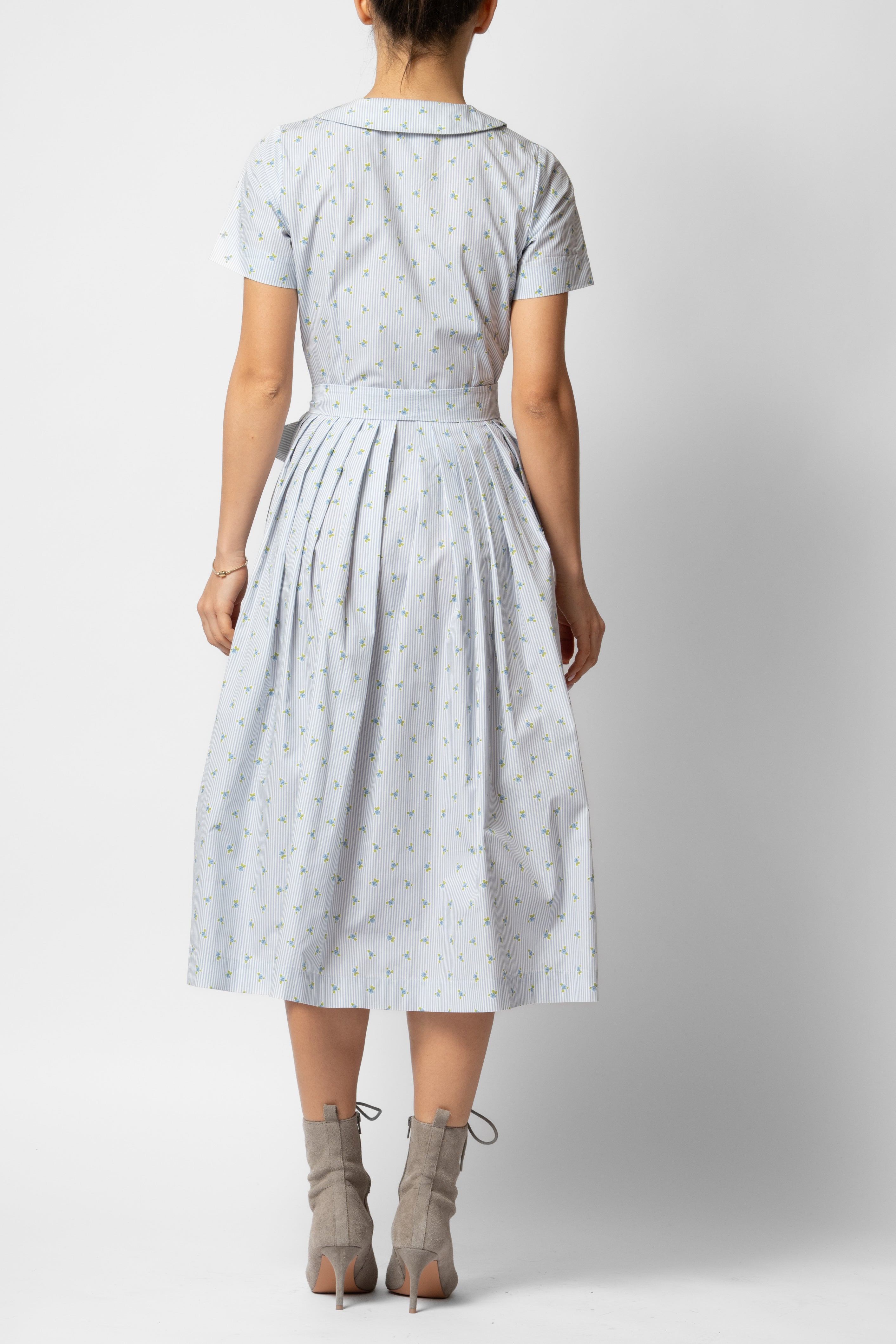 Rochie Camasa Midi cu Imprimeu Floral si Dungat, Bleu