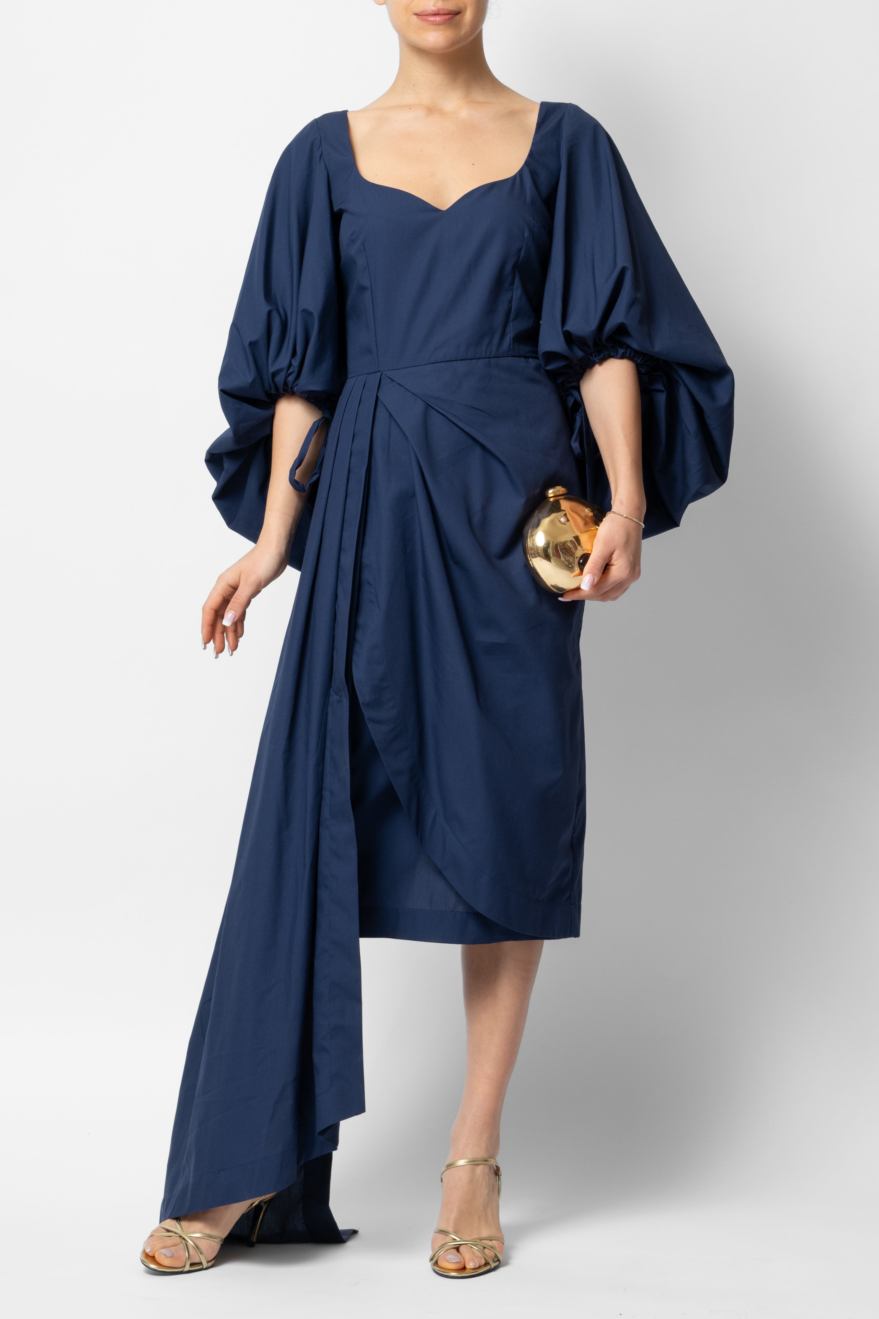 Rochie Midi cu Maneci Voluminoase din Bumbac, Negru-Bleumarin