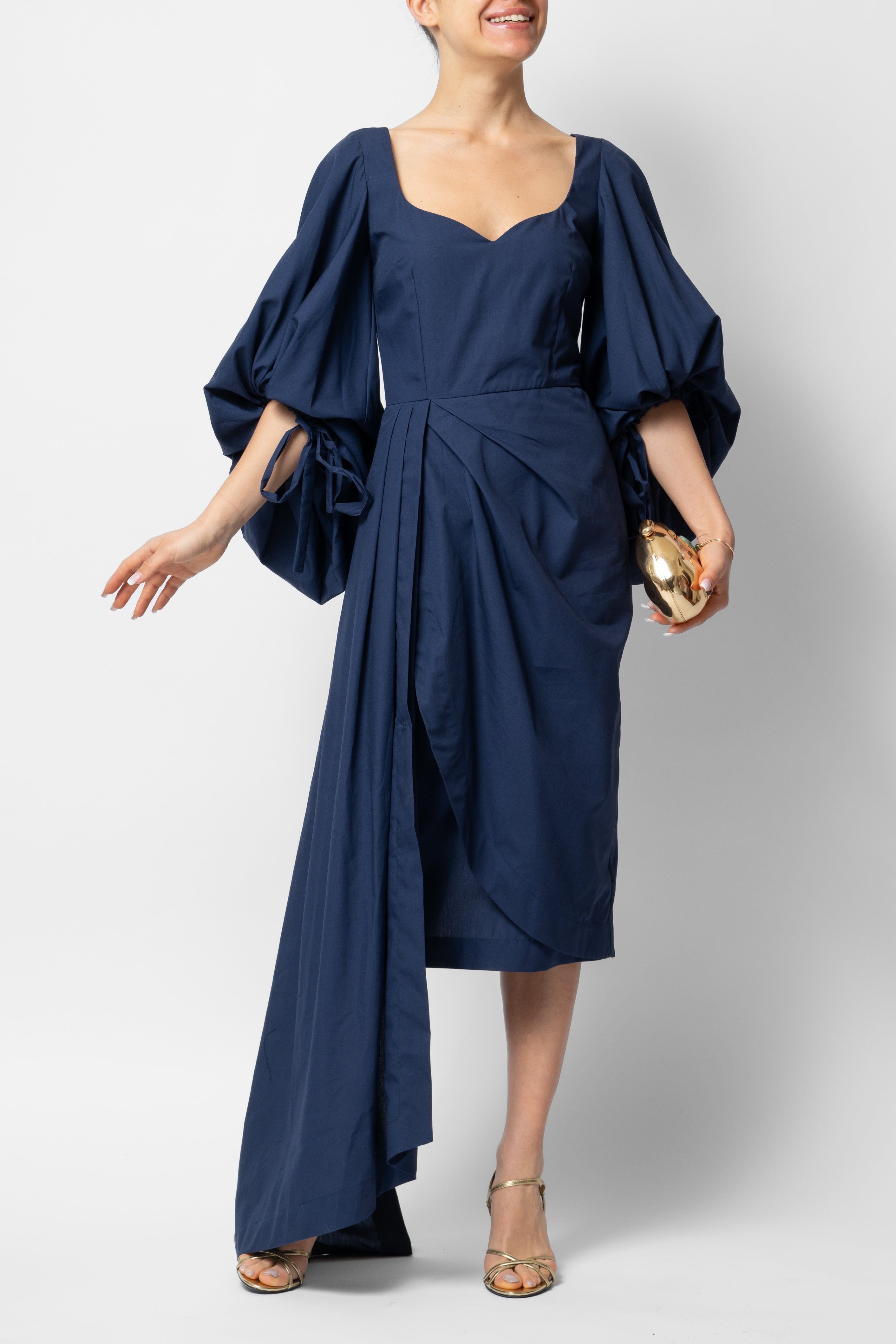 Rochie Midi cu Maneci Voluminoase din Bumbac, Negru-Bleumarin