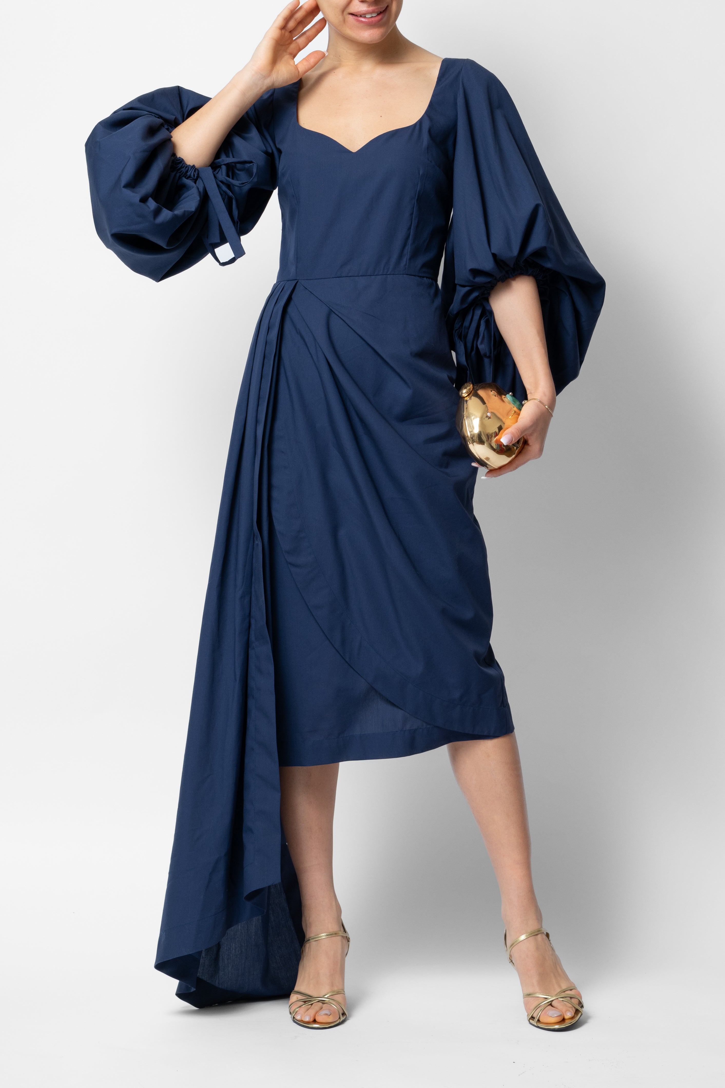 Rochie Midi cu Maneci Voluminoase din Bumbac, Negru-Bleumarin