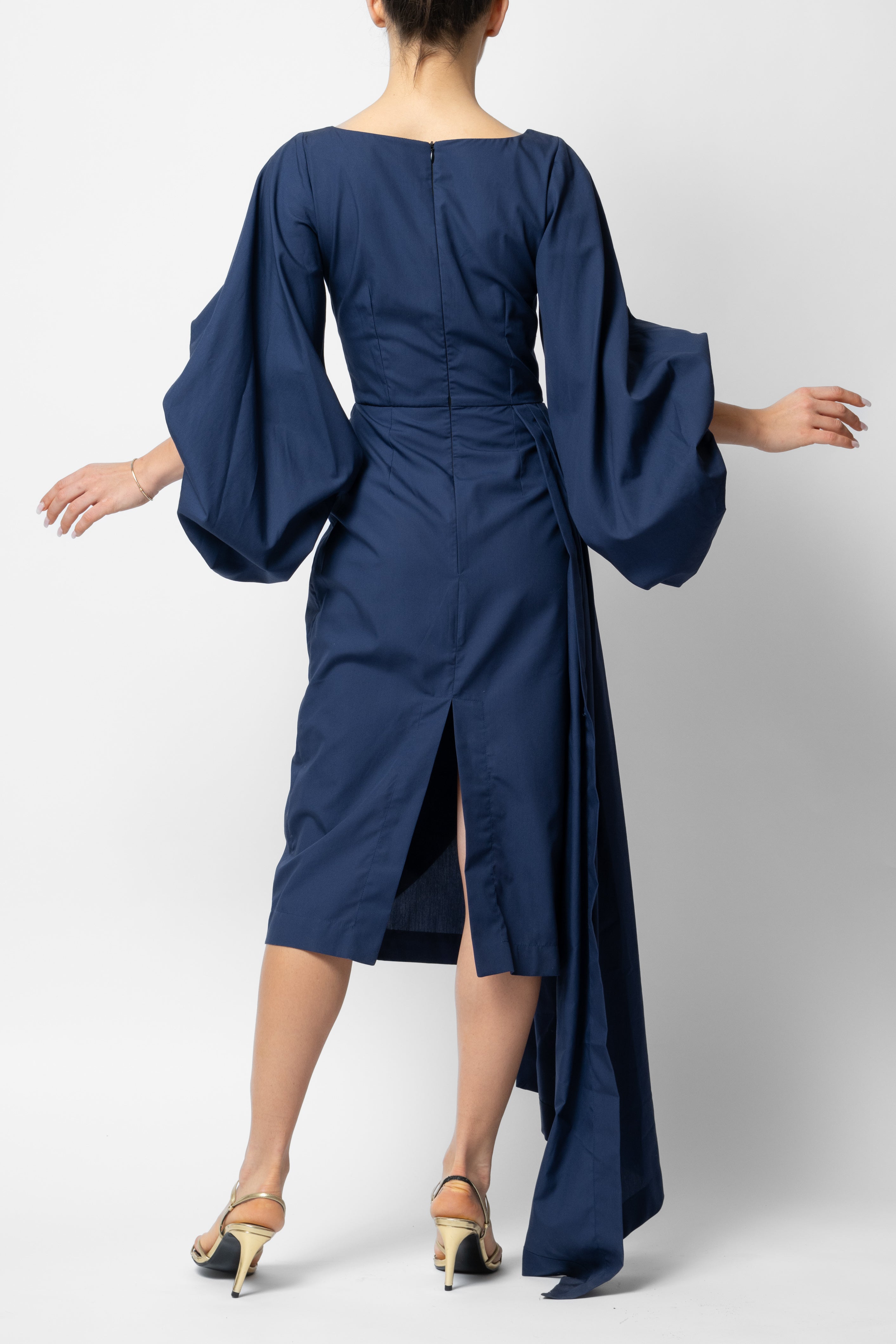 Rochie Midi cu Maneci Voluminoase din Bumbac, Negru-Bleumarin