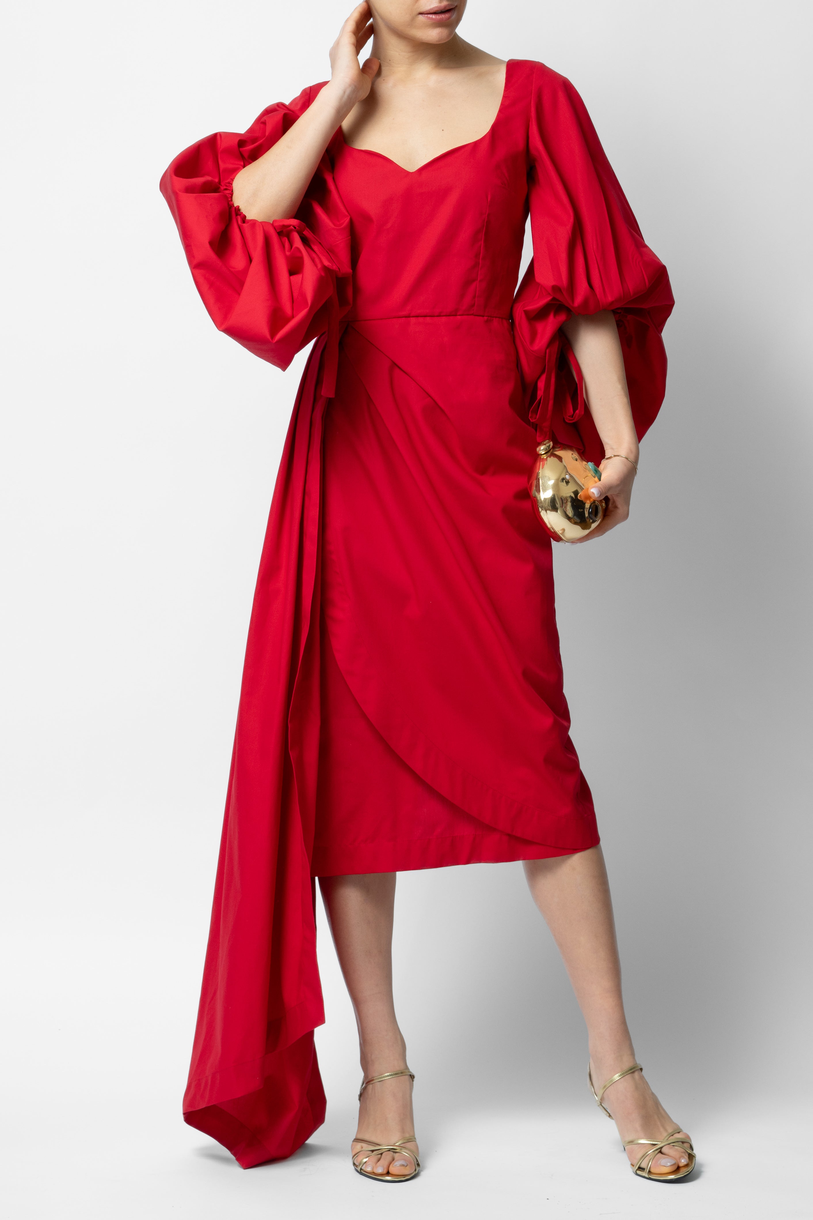 Rochie Midi cu Maneci Voluminoase din Bumbac, Rosie