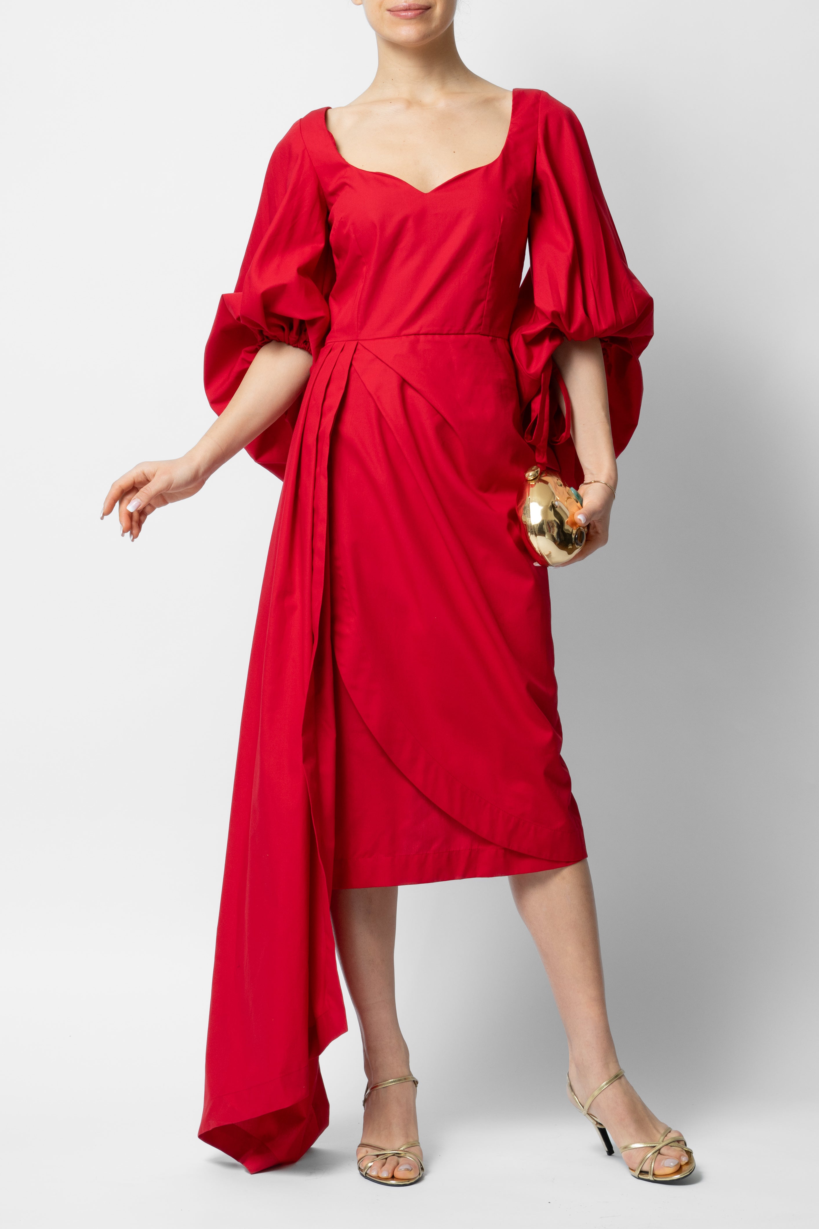 Rochie Midi cu Maneci Voluminoase din Bumbac, Rosie