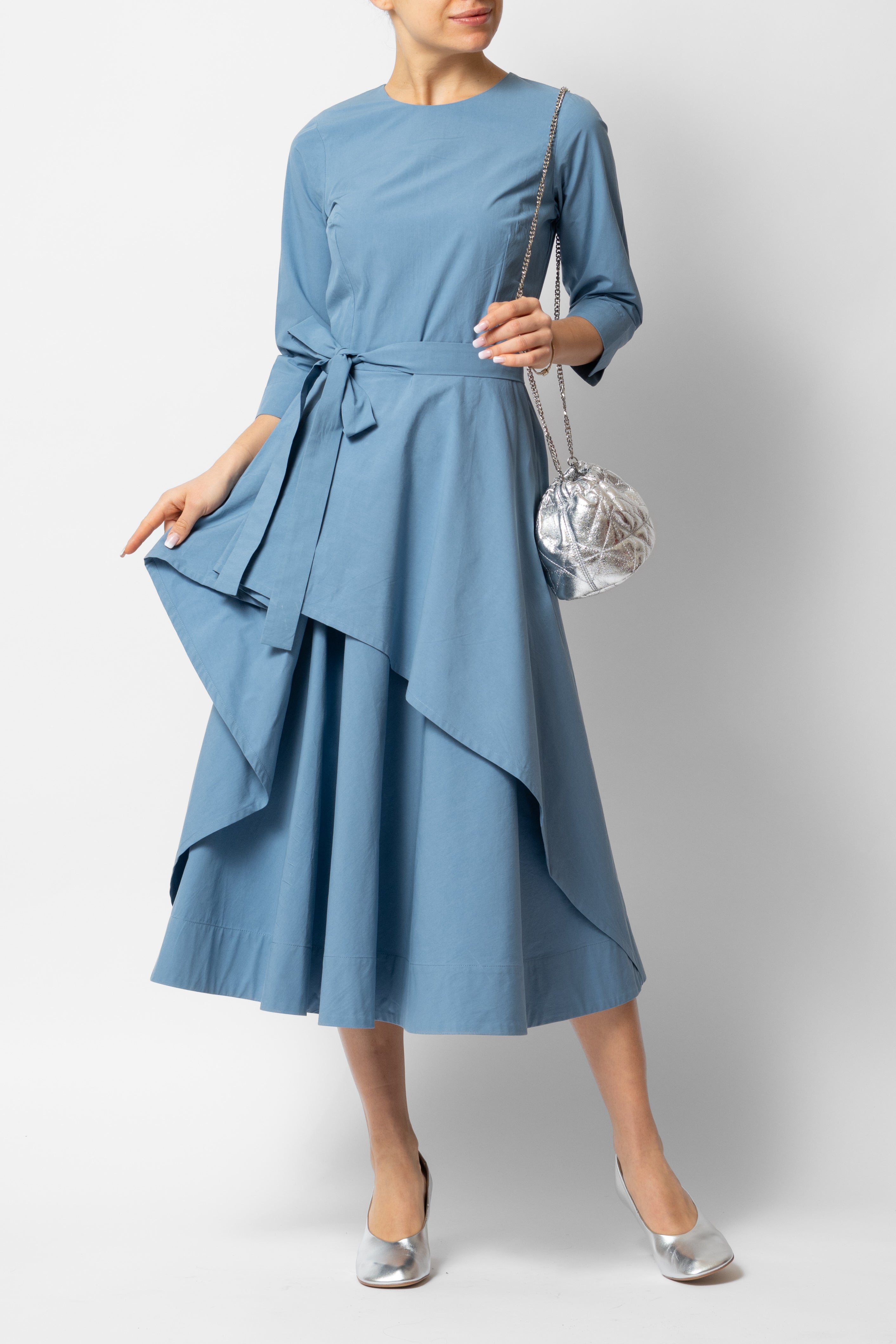 Cotton Semi-Clos Midi Dress, Blue