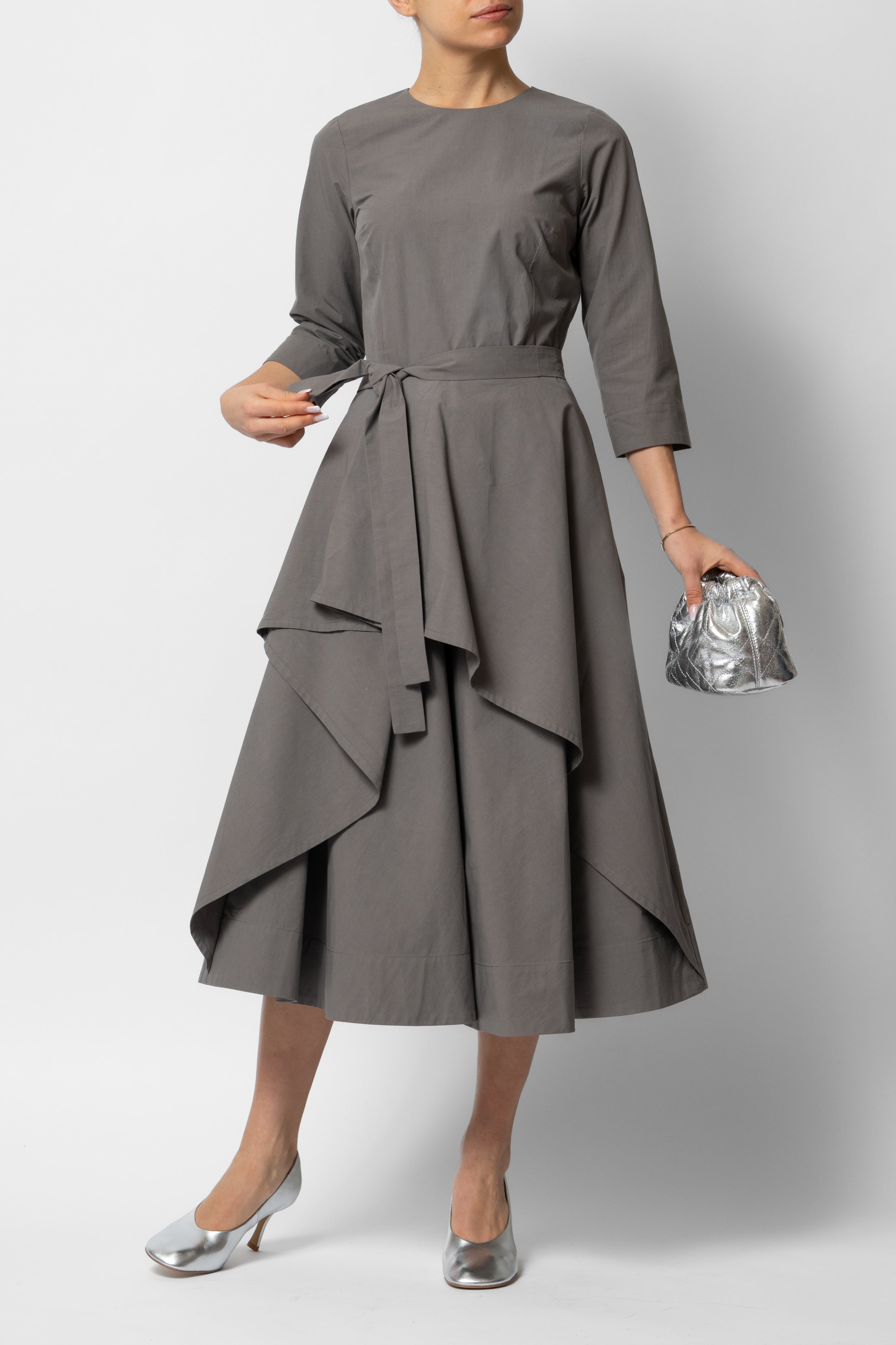 Rochie Midi Semi-Clos din Bumbac, Gri