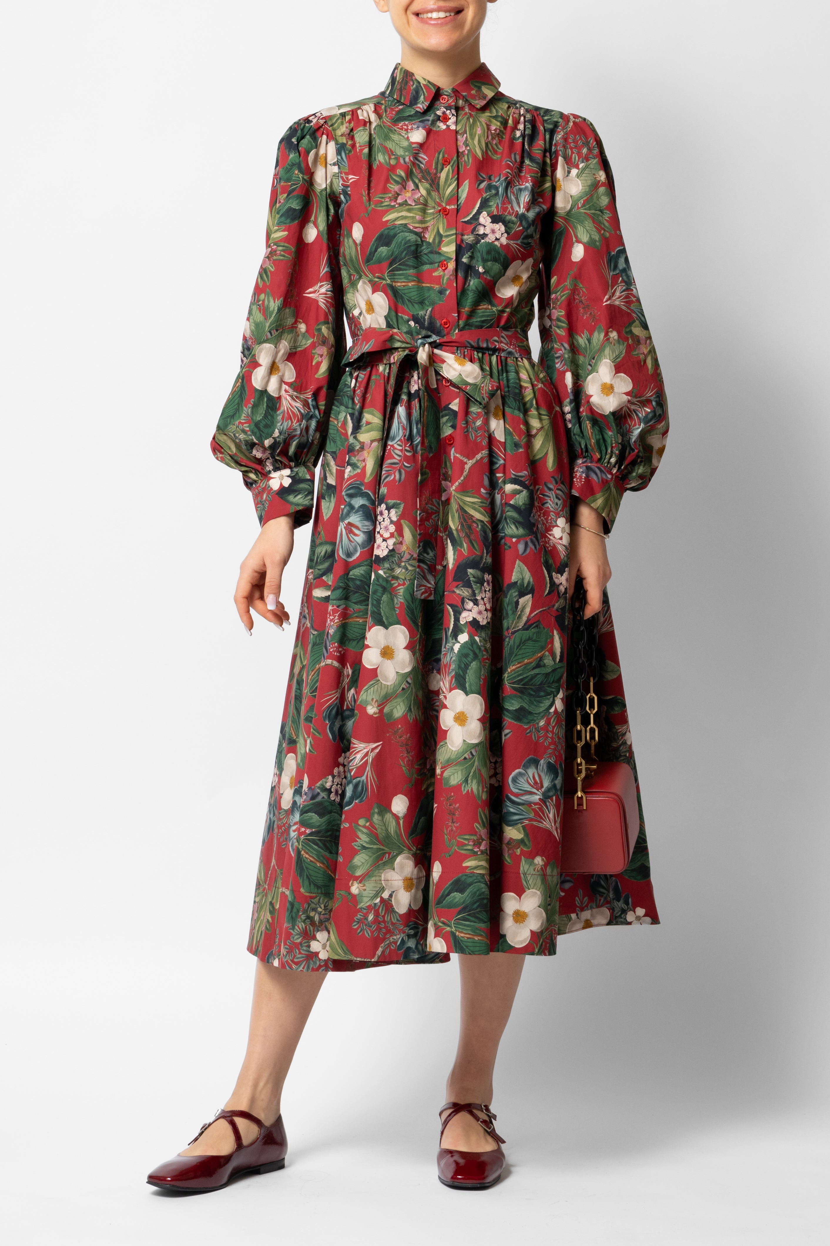 Rochie Camasa Midi cu Maneci Bufante din Bumbac, Grena