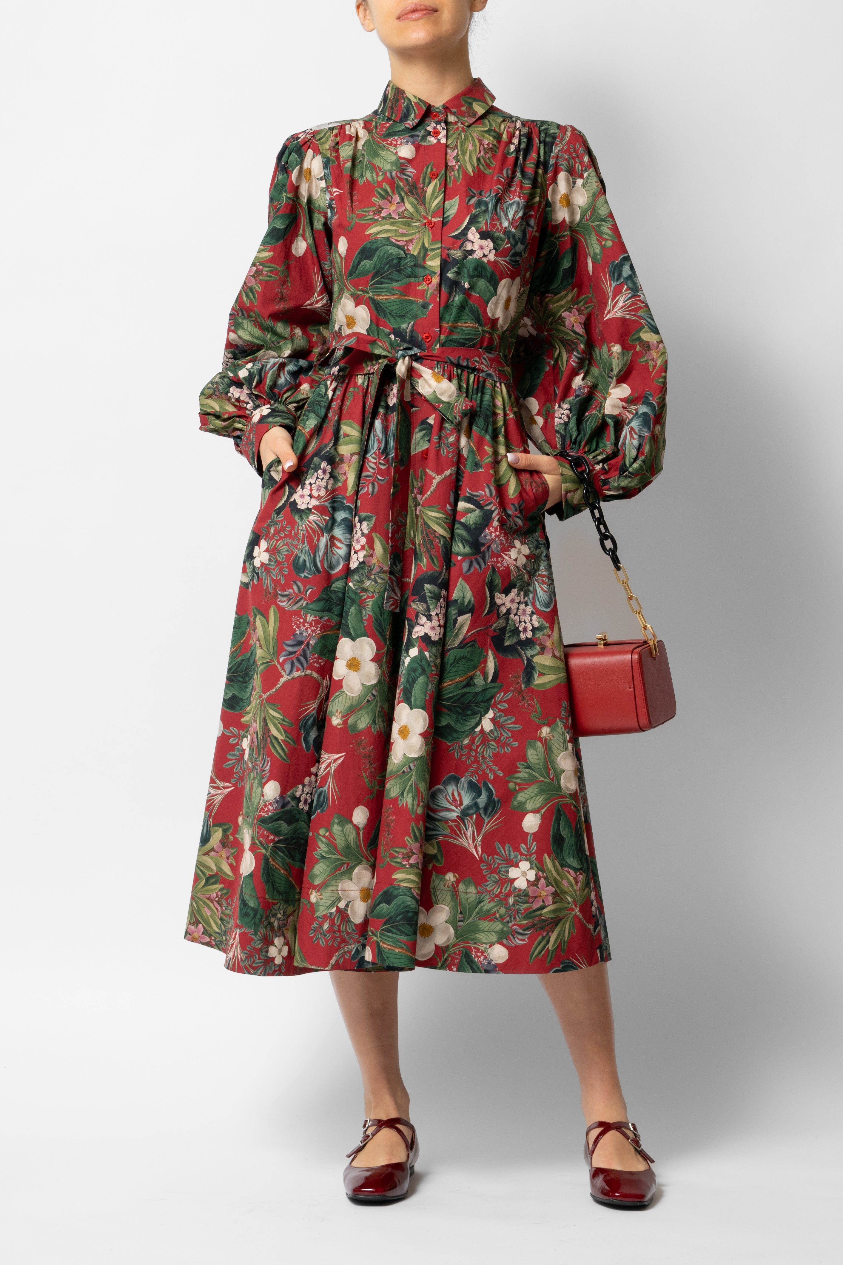 Rochie Camasa Midi cu Maneci Bufante din Bumbac, Grena