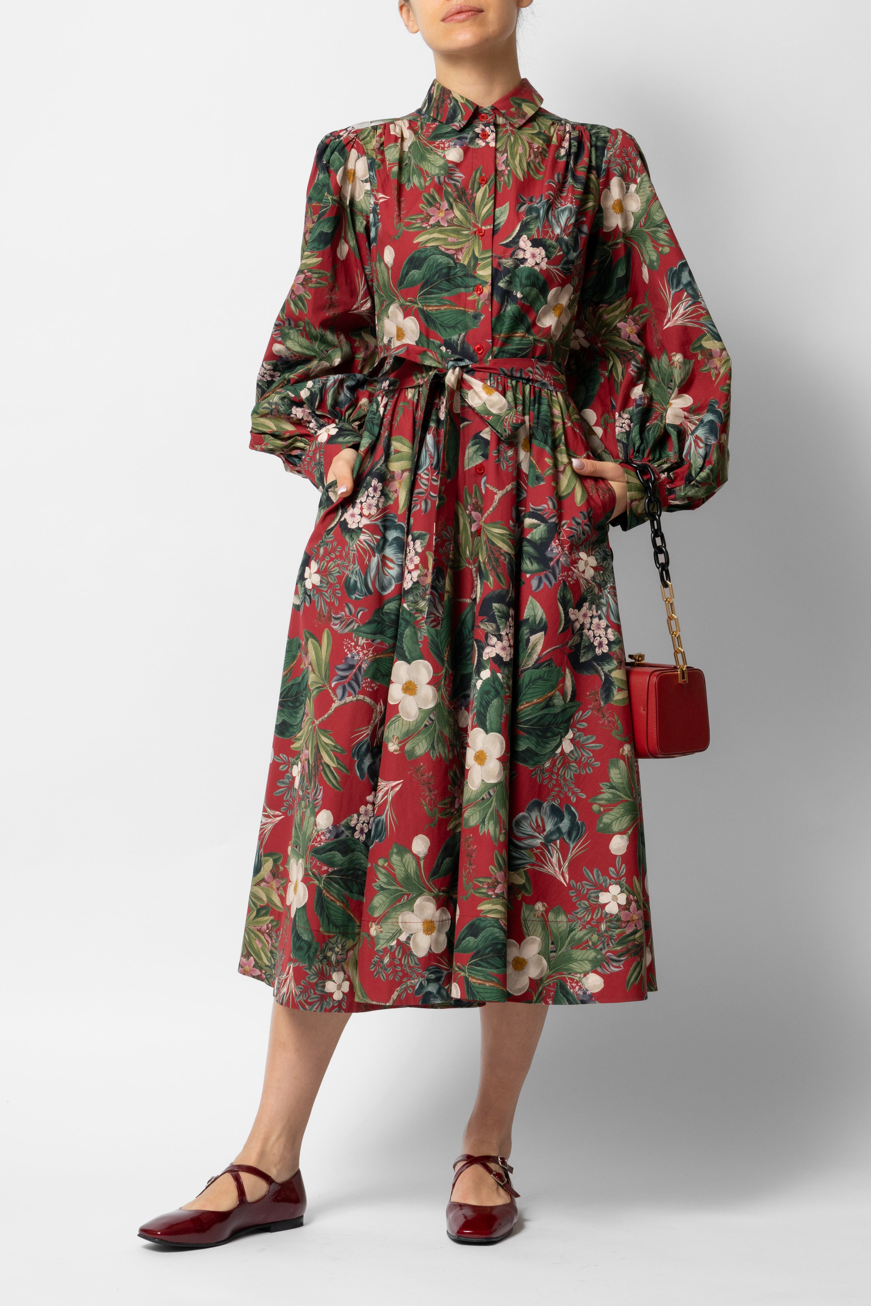 Rochie Camasa Midi cu Maneci Bufante din Bumbac, Grena