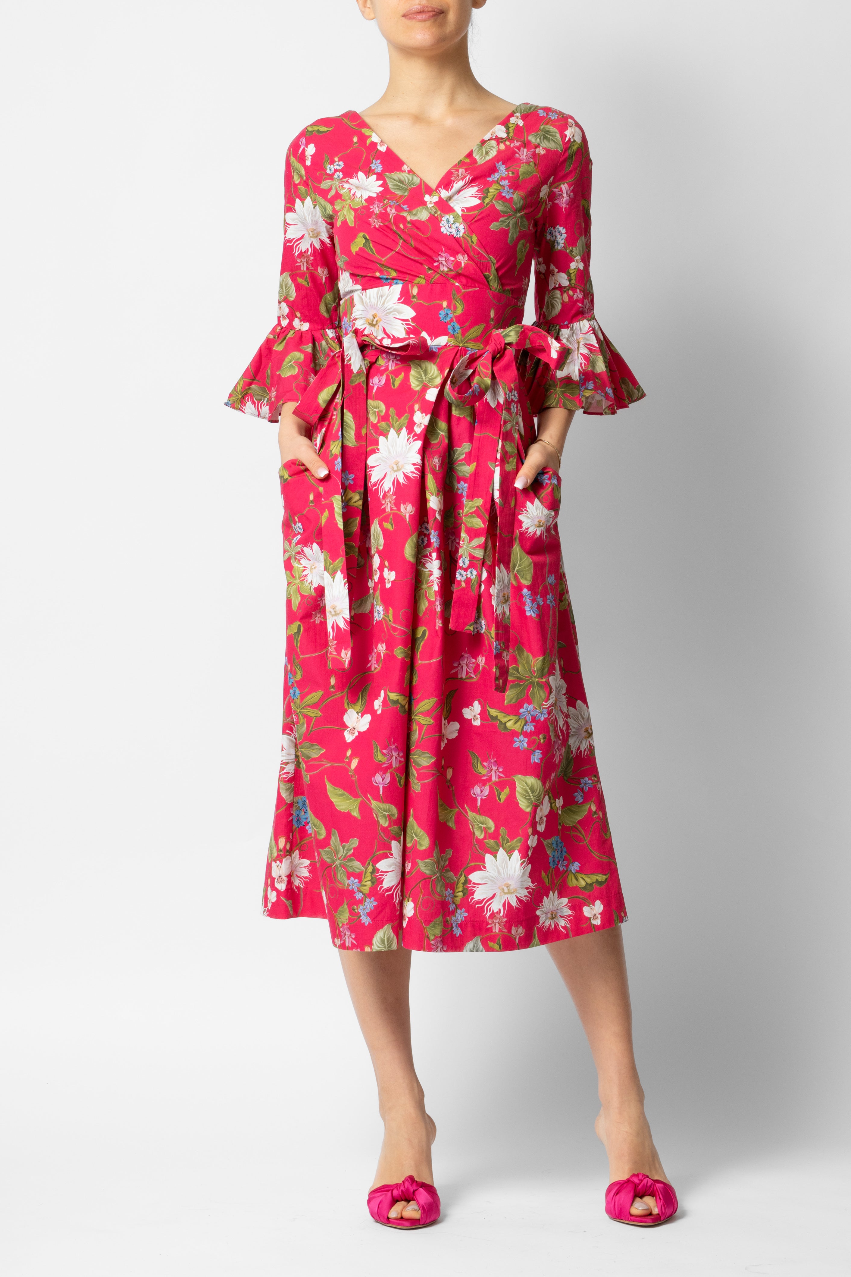 Rochie Midi cu Maneci 3/4 din Bumbac, Fuchsia